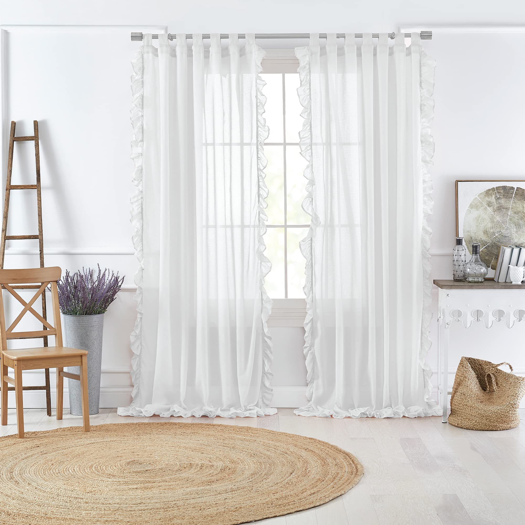 Elrene Home Fashions Tab-Top Ruffle Sheer Window Curtain Panel for Living Dining Room, Bedroom, Cotton, White