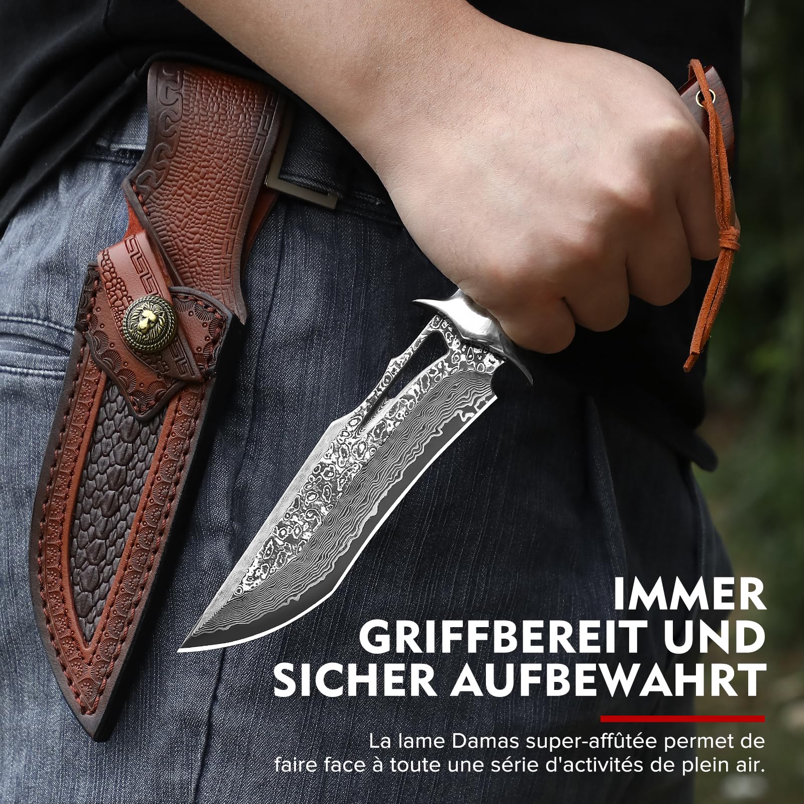 Omesio Couteau de Survie en Damas Forge à la Main, Style Japonais - Couteau d’extérieur à Lame Fixe avec Poignée en Bois et Étui en Cuir