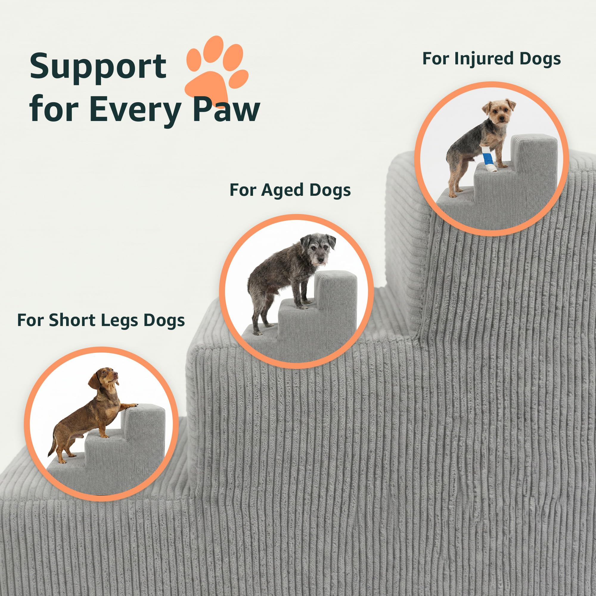 murando Hundetreppe für Kleine Hunde 3 Stufen 30 cm, Cord - Grau | Haustiertreppe für Bett, Sofa, Belastbar bis 17 kg, Treppe für Hunde und Katzen - Hochdichter Schaumstoff, Rutschfest