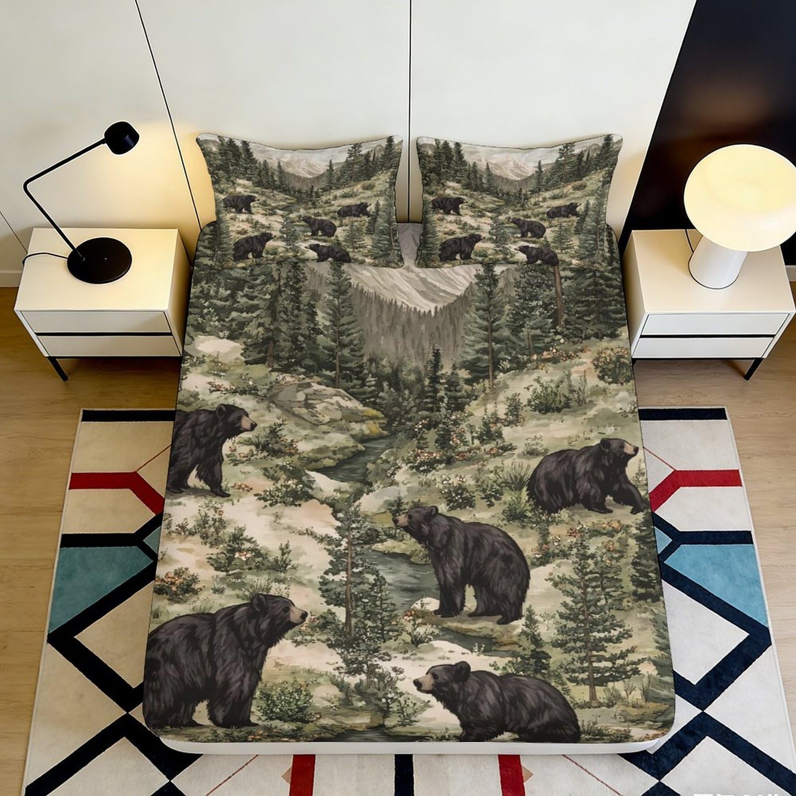 3D Printed Forest Bear Fitted Sheet Microfiber Soft Mountain Landscape Mattress Cover for Bedroom Guest Room Decor 180x200x25cm