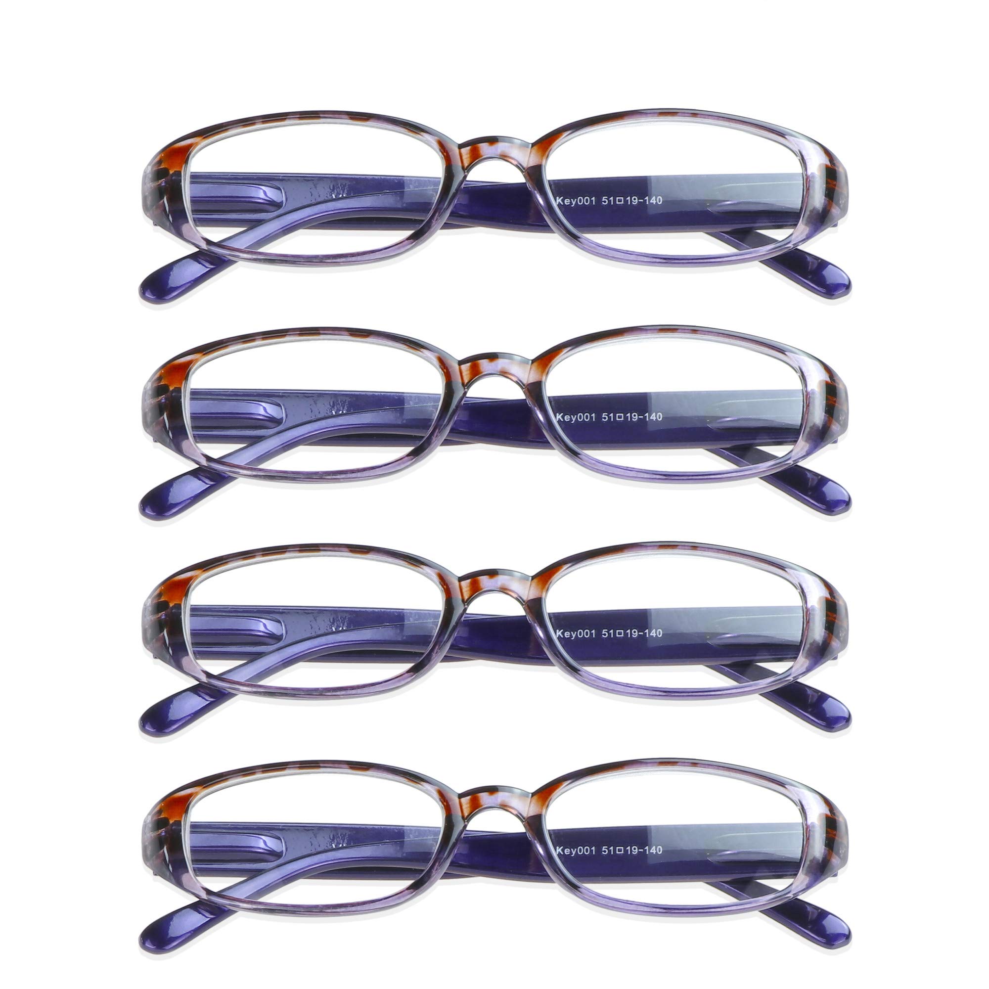 VisionGlobal 4 Pairs Reading Glasses with Spring Hinge, Blue Light Blocking Glasses for Women/Men (Purple,+6.00 Magnification)