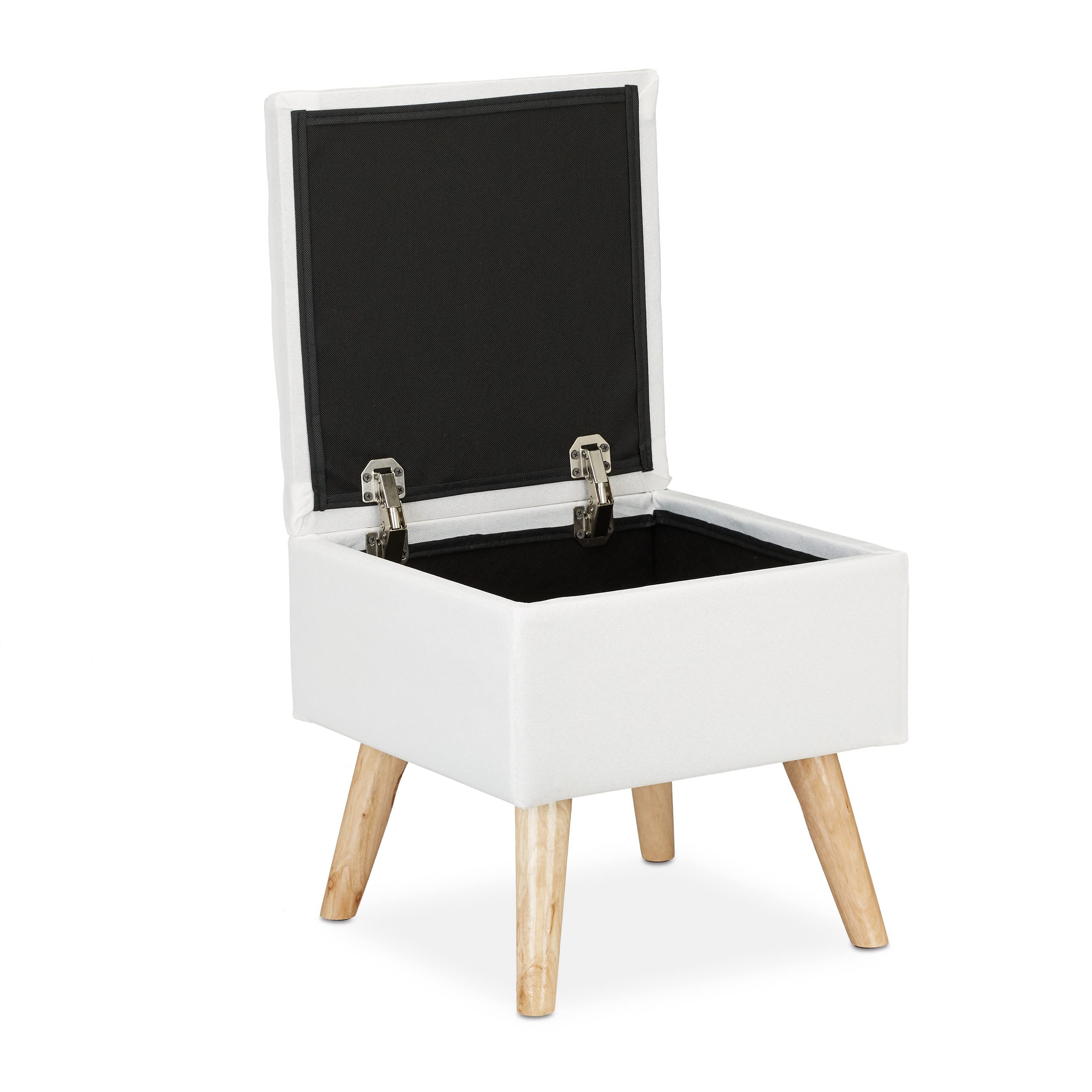 Relaxdays Sgabello con Contenitore, Rivestimento in Lino Sintetico, Gambe in Legno e Coperchio, HLP: 40x40x40 cm, Bianco