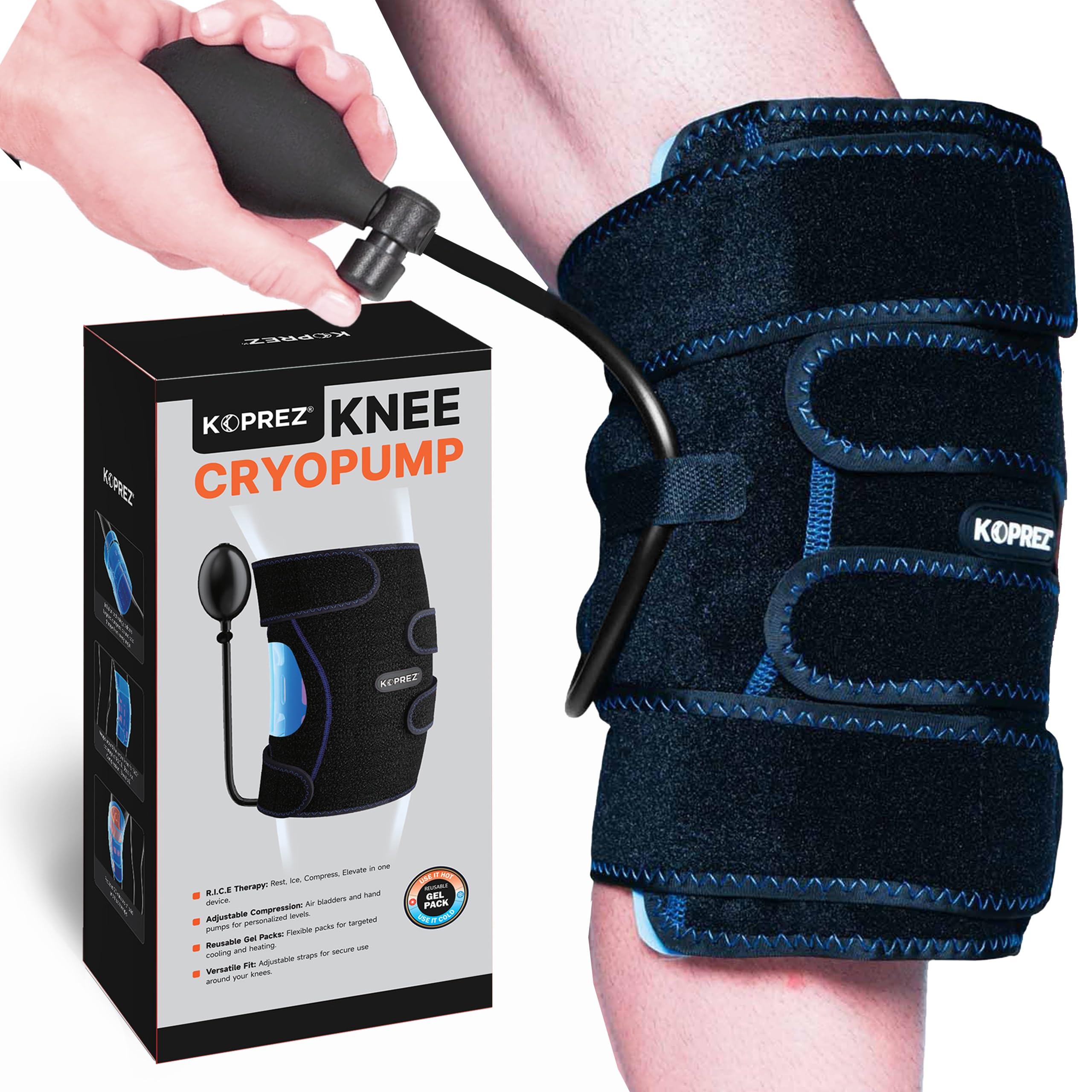 Koprez Knee CryoPump | Adjustable and Reusable Knee Ice Pack Wrap for Knee Pain Relief | Universal Fit with Adjustable Compression Pump | Knee Ice Wrap for Men and Women