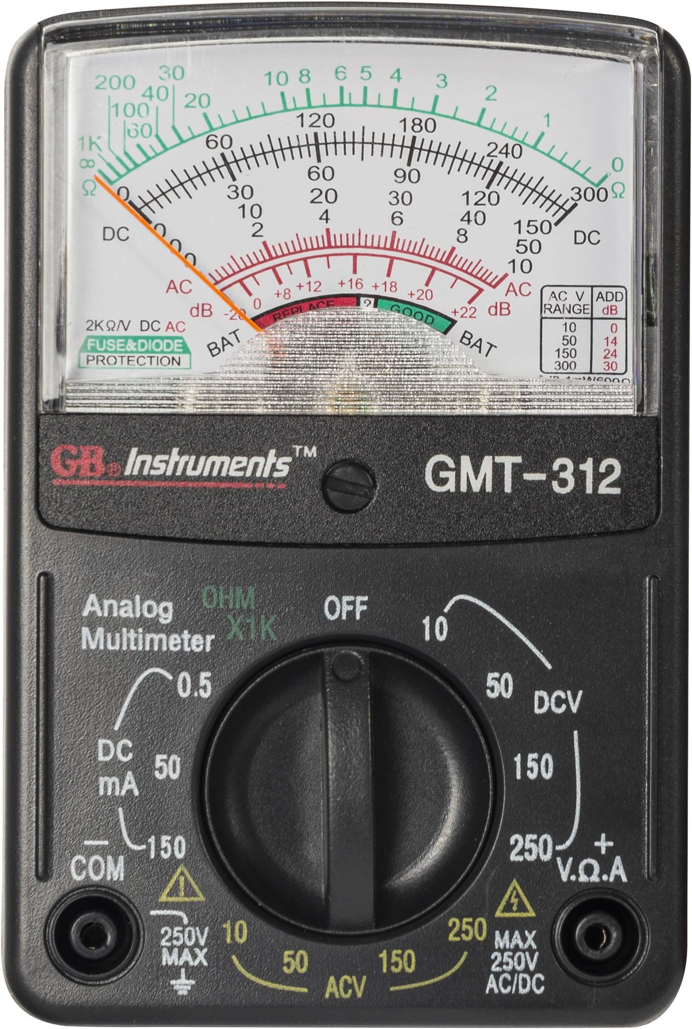 Gardner Bender GMT-312 Analog Multimeter, 5 Function / 12 Range, 300V AC/DC, for AC/DC Voltage & Current, Resistance, Continuity & Batteries, Black