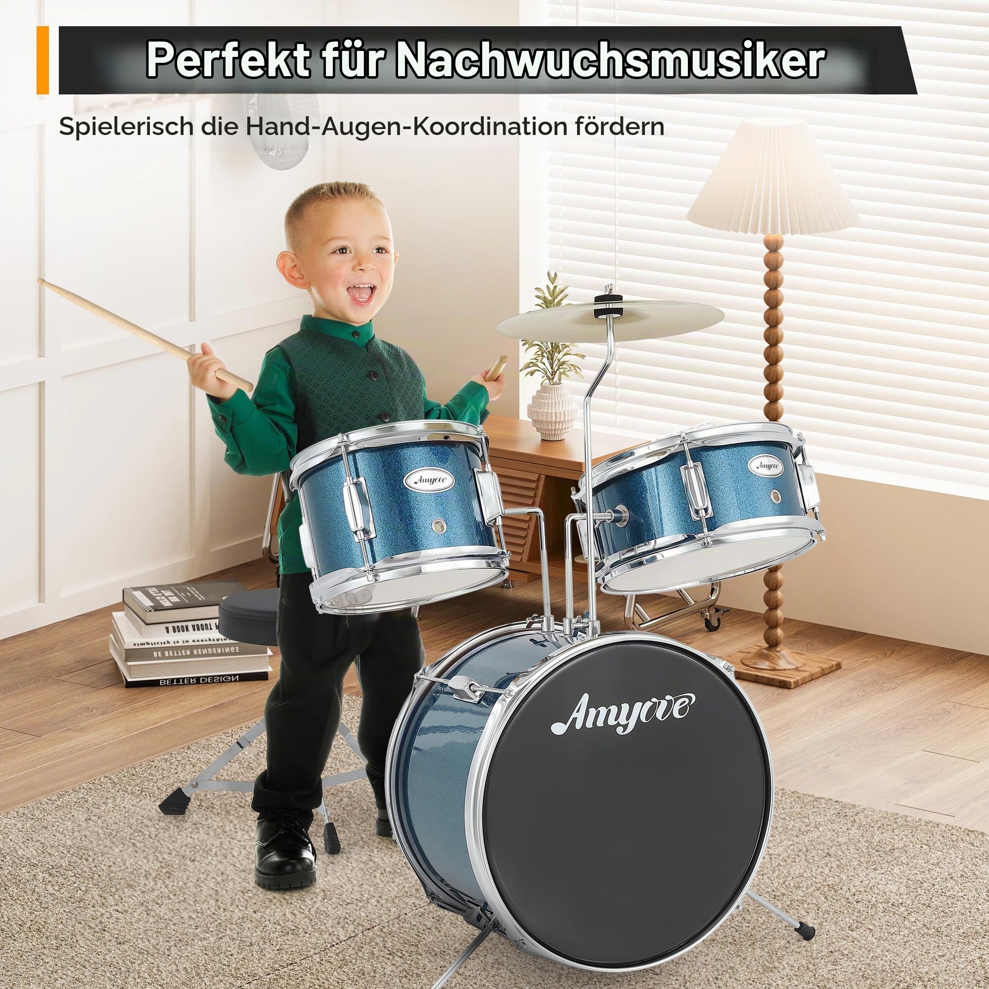 Kinder-Schlagzeug 3-Teilig Schlagzeugset – Kompaktes Schlagzeug Für Anfänger mit Bass Drum, Snare, Tom, Becken & Hocker – Hartholz & Stahl, Blau, für Konzert & Übung ab 6 Jahren