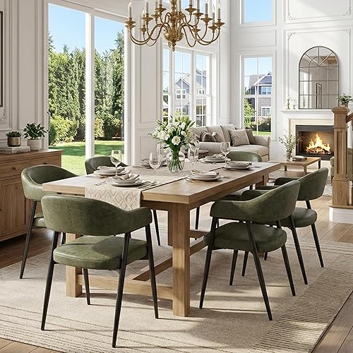 Miniatura 16 de HNY Juego de 6 sillas modernas de comedor con brazos, sillas de comedor de barril tapizadas en piel sintética retro con brazos, silla de acento