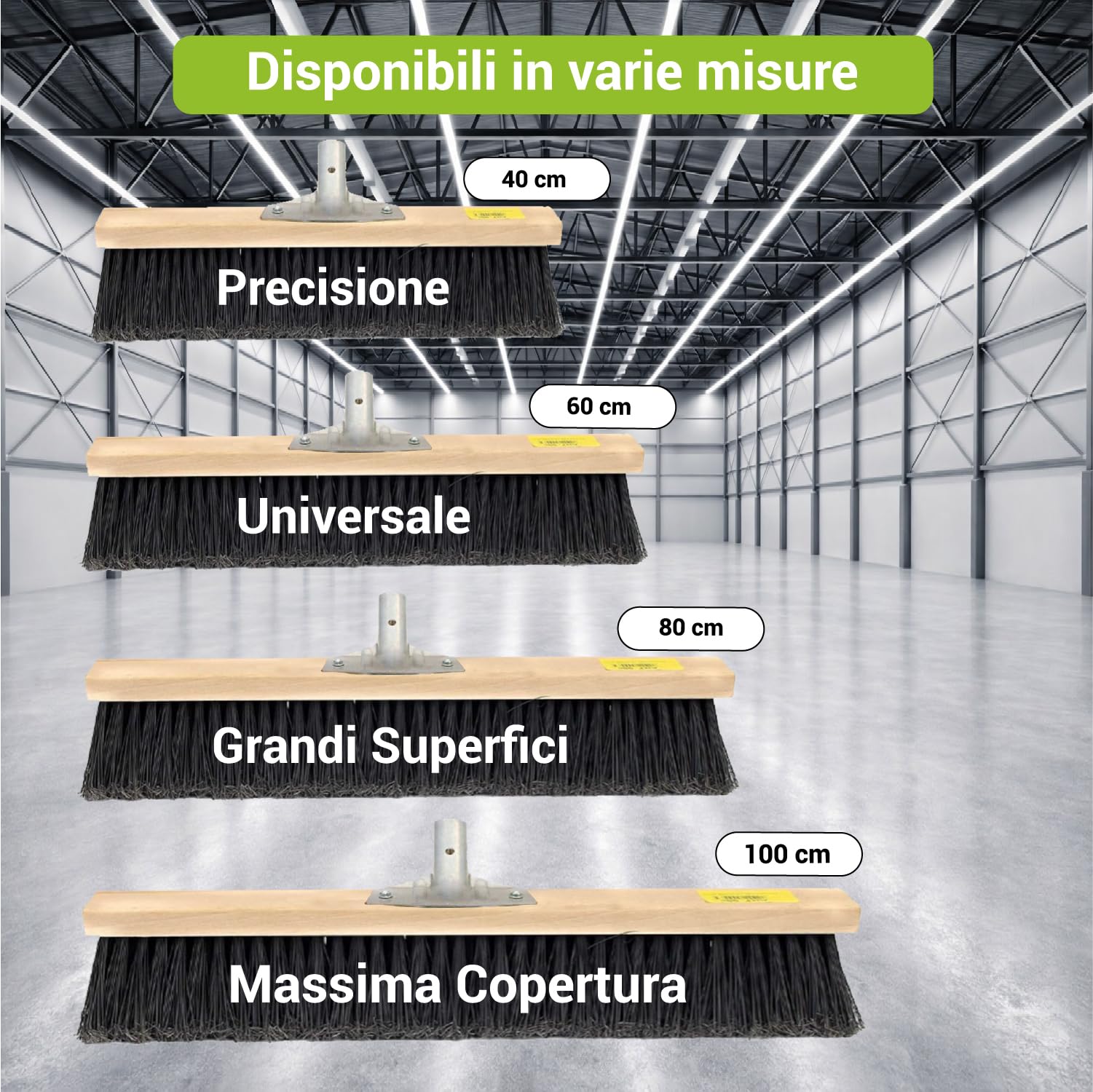 Crisalide® Scopa Industriale a Spinta 60 cm Swiss System con Manico 150 cm in Legno di Faggio – Spazzolone Professionale PVC Alta Densità per Esterno, Giardino, Magazzino e Capannone