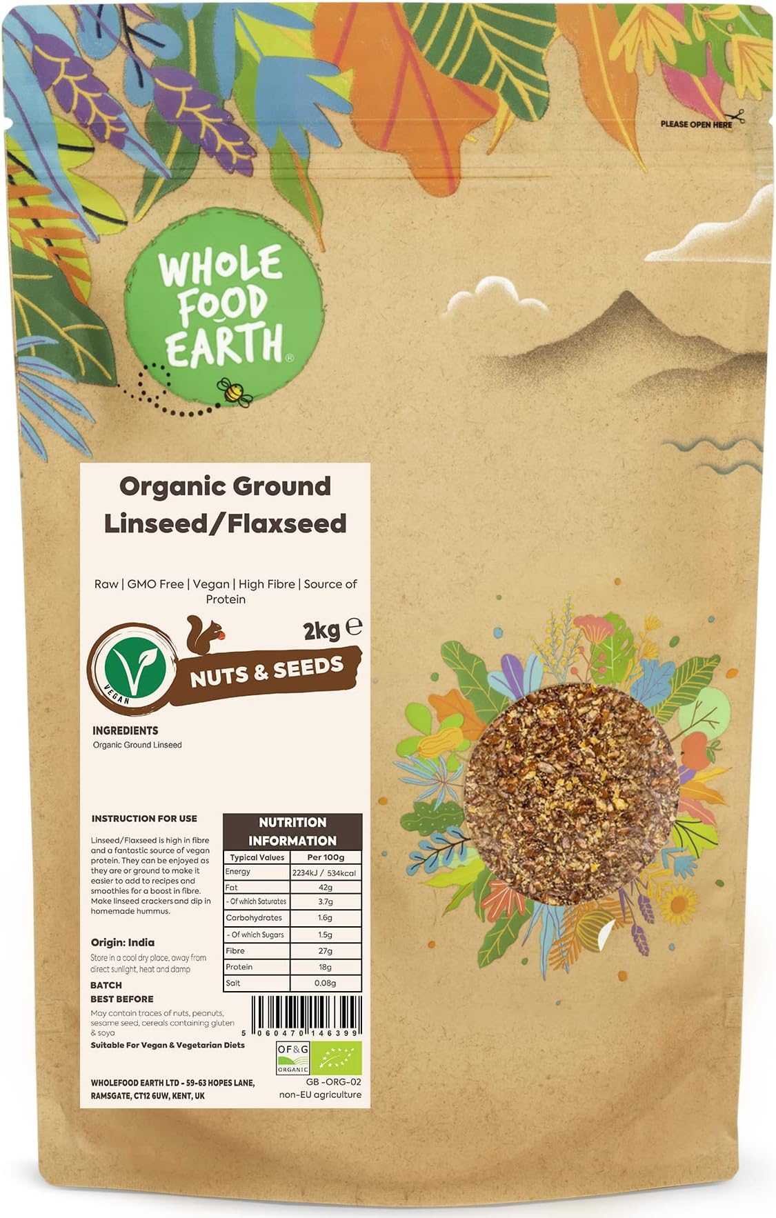 Wholefood Earth Organic Ground Linseed/Flaxseed 2 kg Raw | GMO Free | Vegan | High Fibre | Source of Protein | Certified Organic