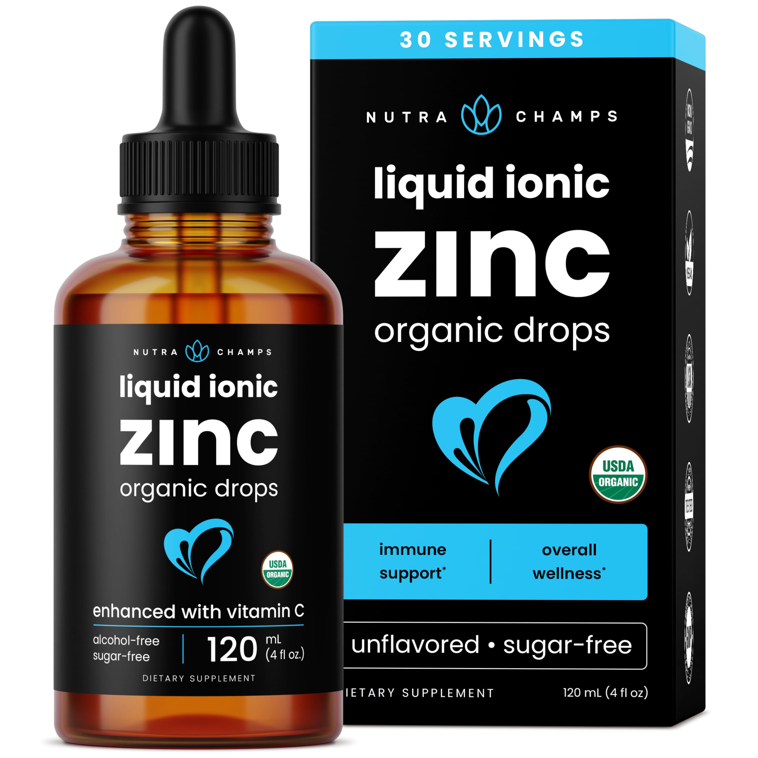 Liquid Zinc for Kids & Adults, Vegan, Pure Ionic Zinc Drops Enhanced with Vitamin C, Supplements for Immune Support, Sugar-Free Liquid 4 oz