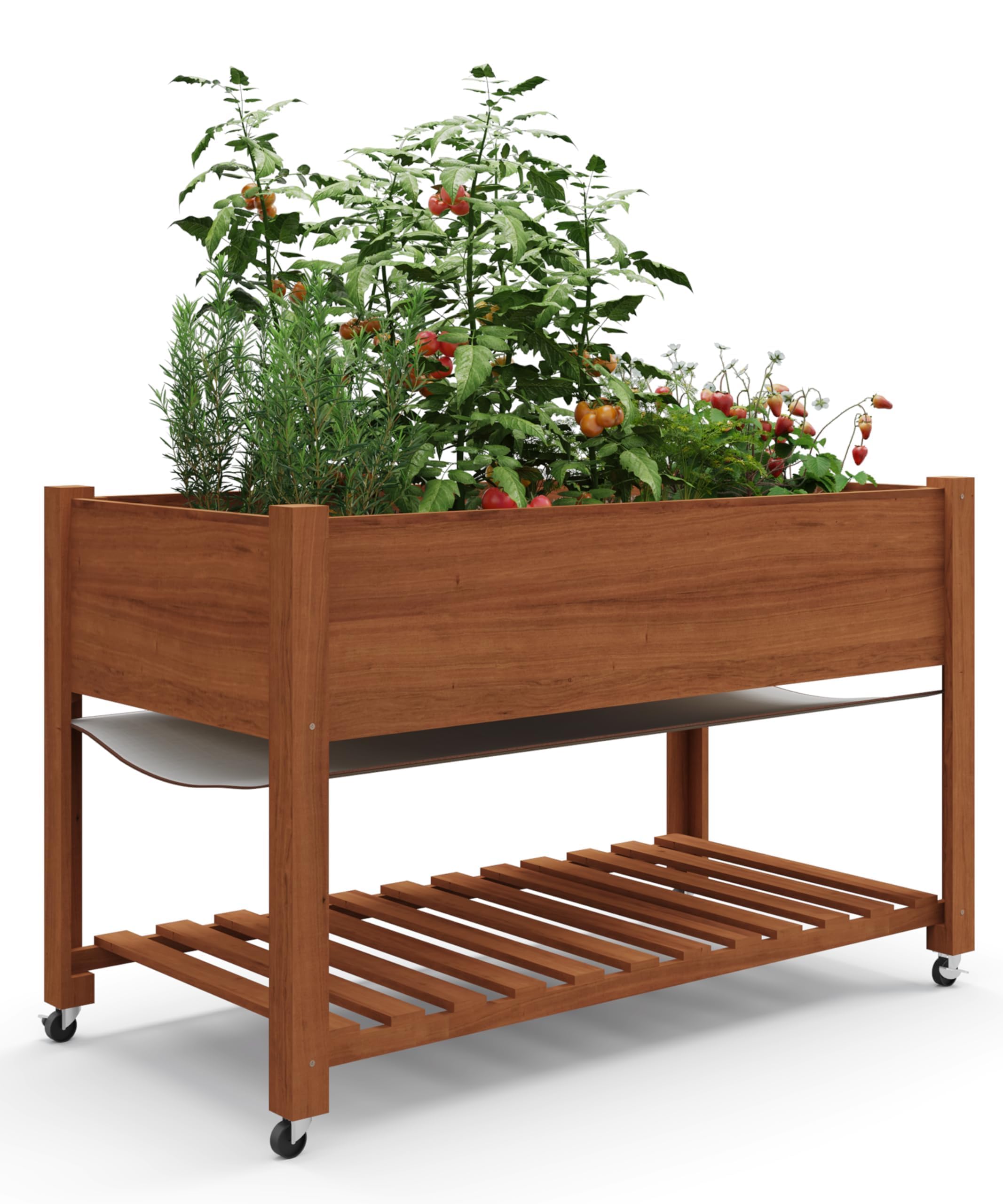 Aptliton Oak Color Sturdy Elevated Raised Garden Bed With Wheels And Legs – Large Wooden Planter Box With Bottom Shelf, Protective Liner – Outdoor Patio, Backyard Container For Vegetables, Herbs, Flowers – Oak