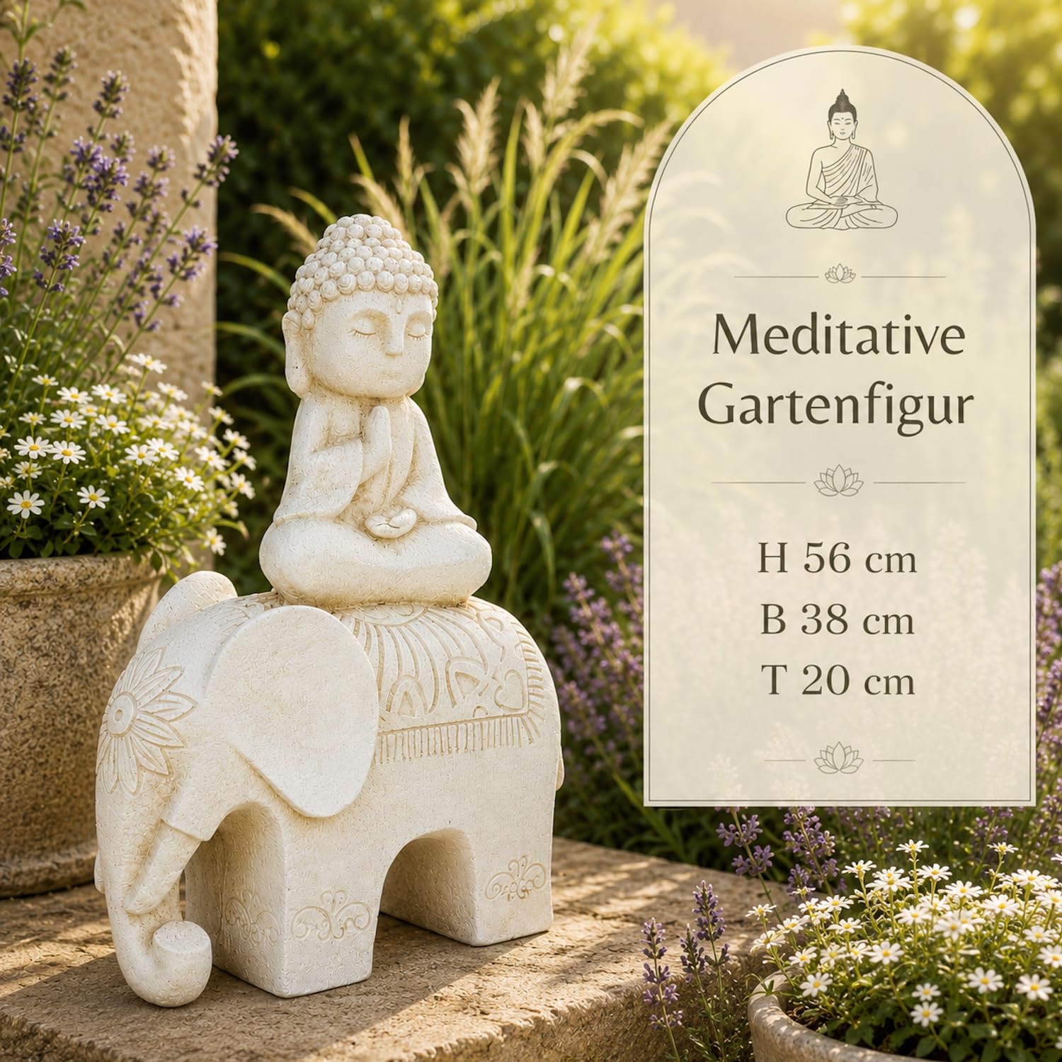 Buddha Figur Garten groß 56 cm – Elefant, wetterfeste Deko | Aus Magnesia, Für draußen – Terrasse & Balkon, Zen & Feng Shui, Steinoptik Creme/Weiß