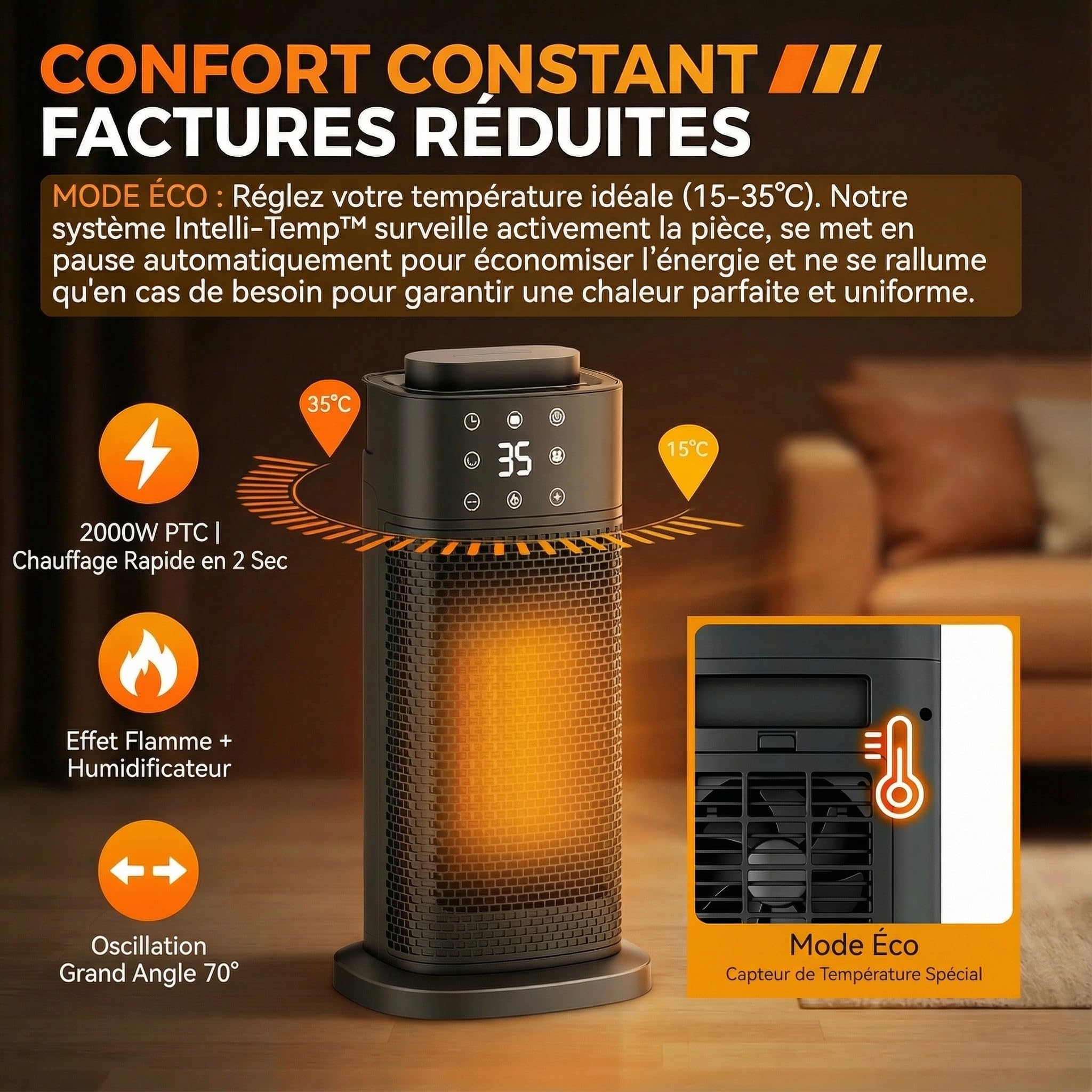Chauffage d'appoint,radiateur electrique,2000W, Basse Consommation et Silencieux, avec Humidificateur & Minuterie