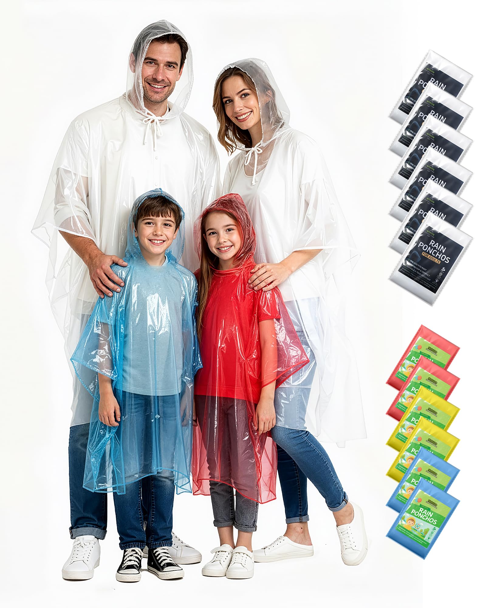 Hitituto Rain Ponchos Family Pack Kids– 6/12/24 Pack Disposable Poncho with Hood, Clear &amp; Assorted Colors, Home Survival Kits