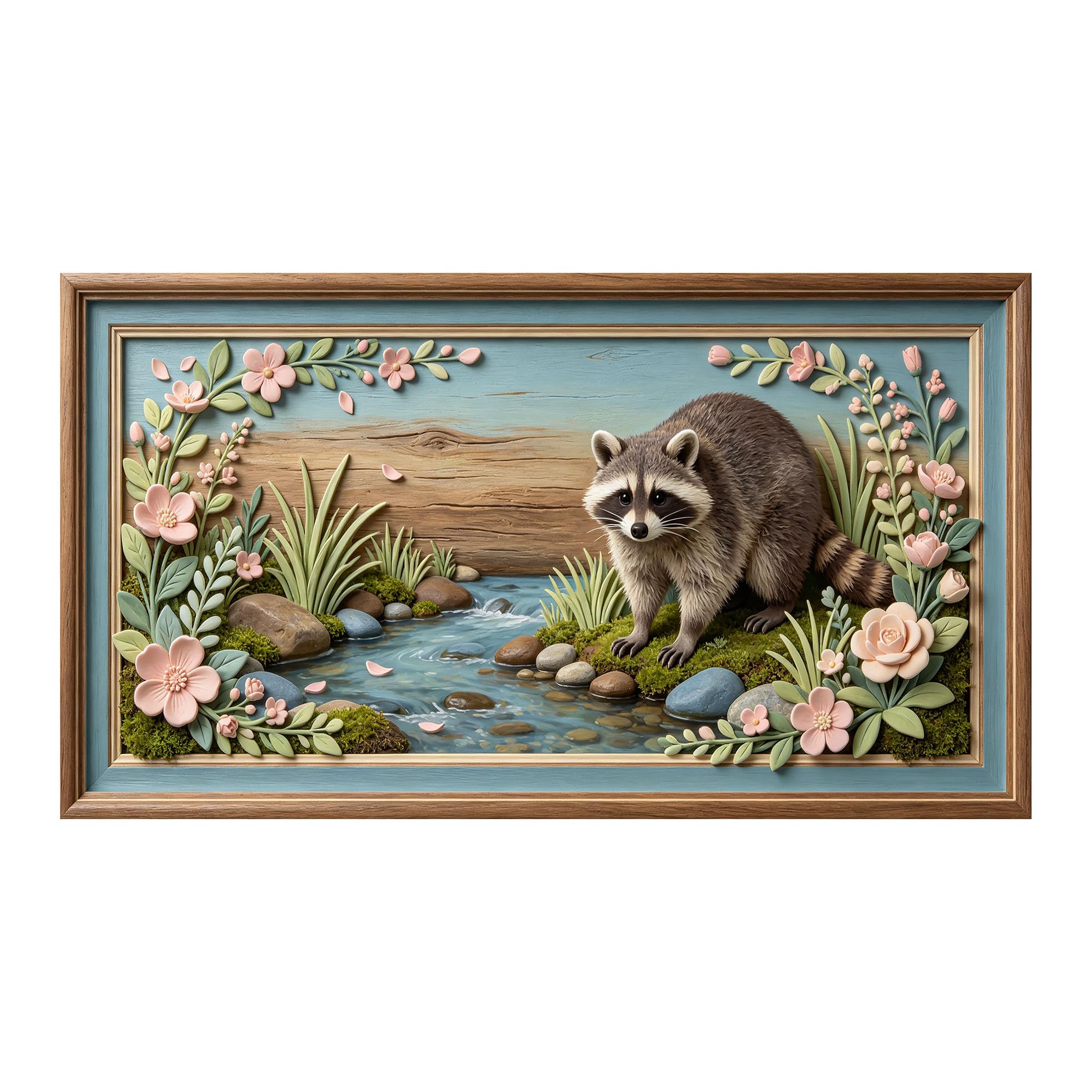 Murasolite 3D 3D Framed Wall Art 50cm×90cm Raccoon by Stream Floral Botanical Landscape Realistic Style SelfAdhesive Fabric Mural Wall Decor, Peel and Stick No Damage to Wall for Bedroom Living Room