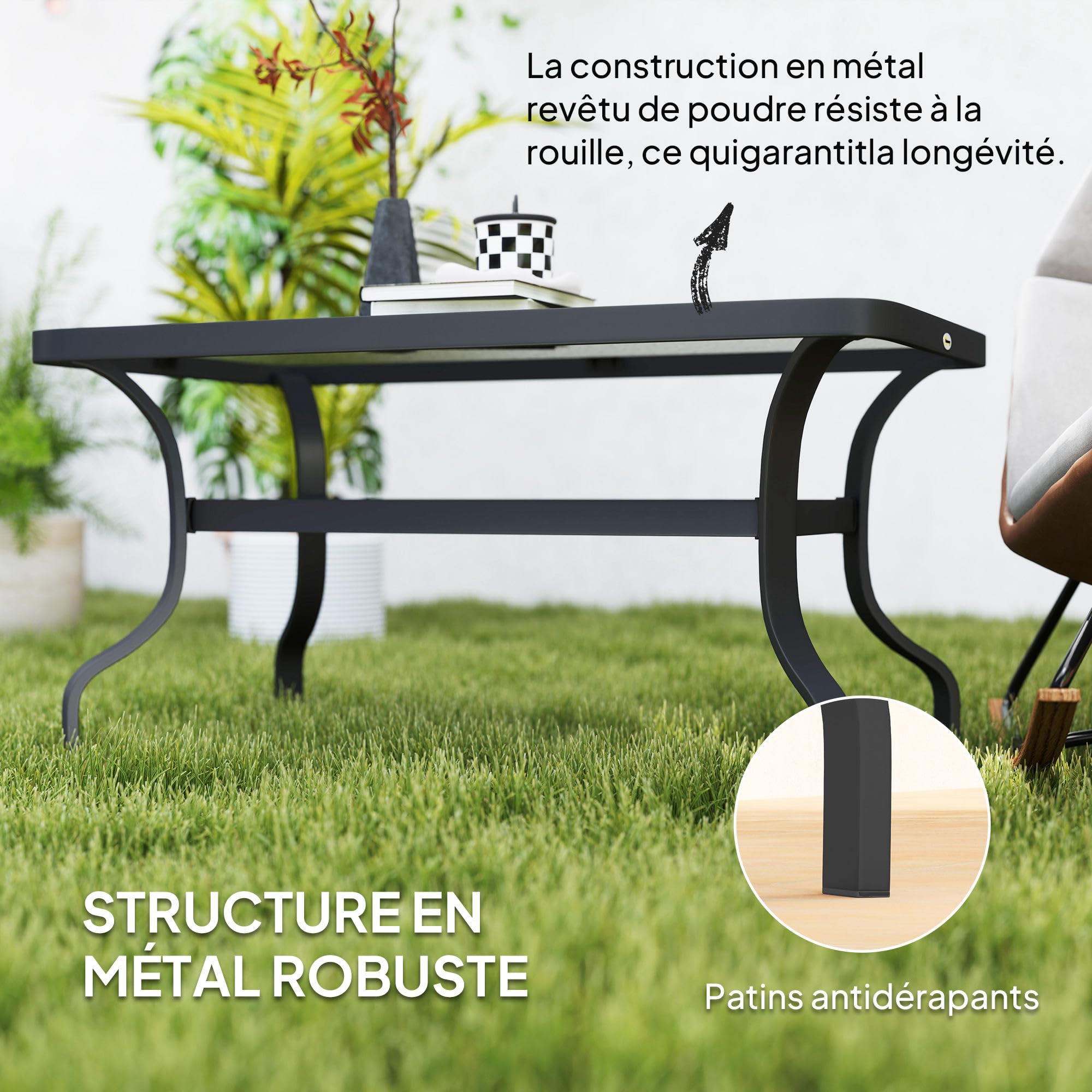 Outsunny Table Basse de Jardin Rectangulaire Verre Trempé Ondulations 95x55x46 cm Noir