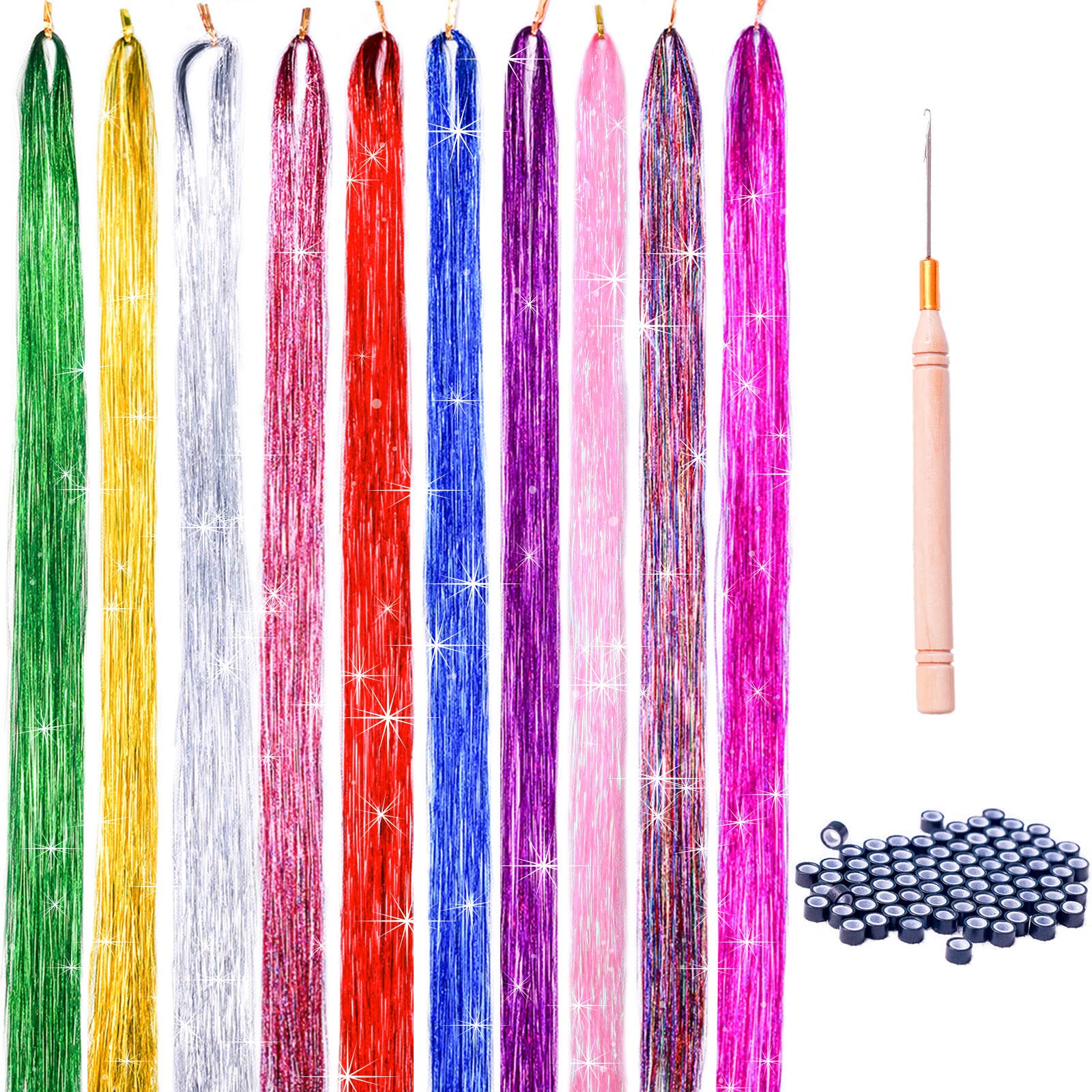 WacanDan47 Inches Hair Tinsel Kit with Tools, 10 Colors 2000 Strands Glitter Fairy Hair Tinsel Extensions Heat Resistant Sparkling Shiny Tinsel Hair with Tools