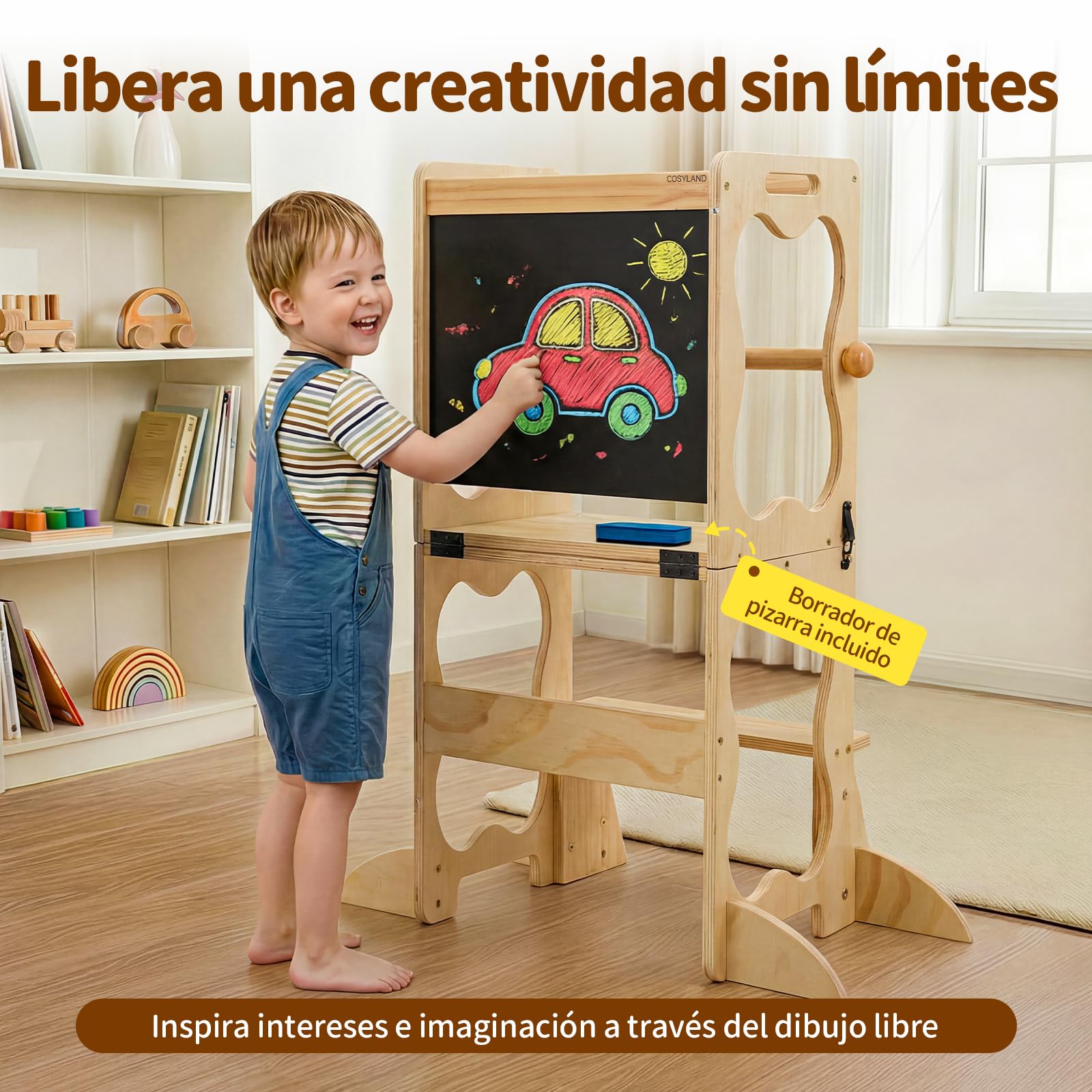 COSYLAND Torre de Aprendizaje Montessori 3 en 1 Convertible con Pizarra | Madera maciza, estructura en A con soportes de esquina; mesa con silla y pizarra para cocina, lavabo y dibujo