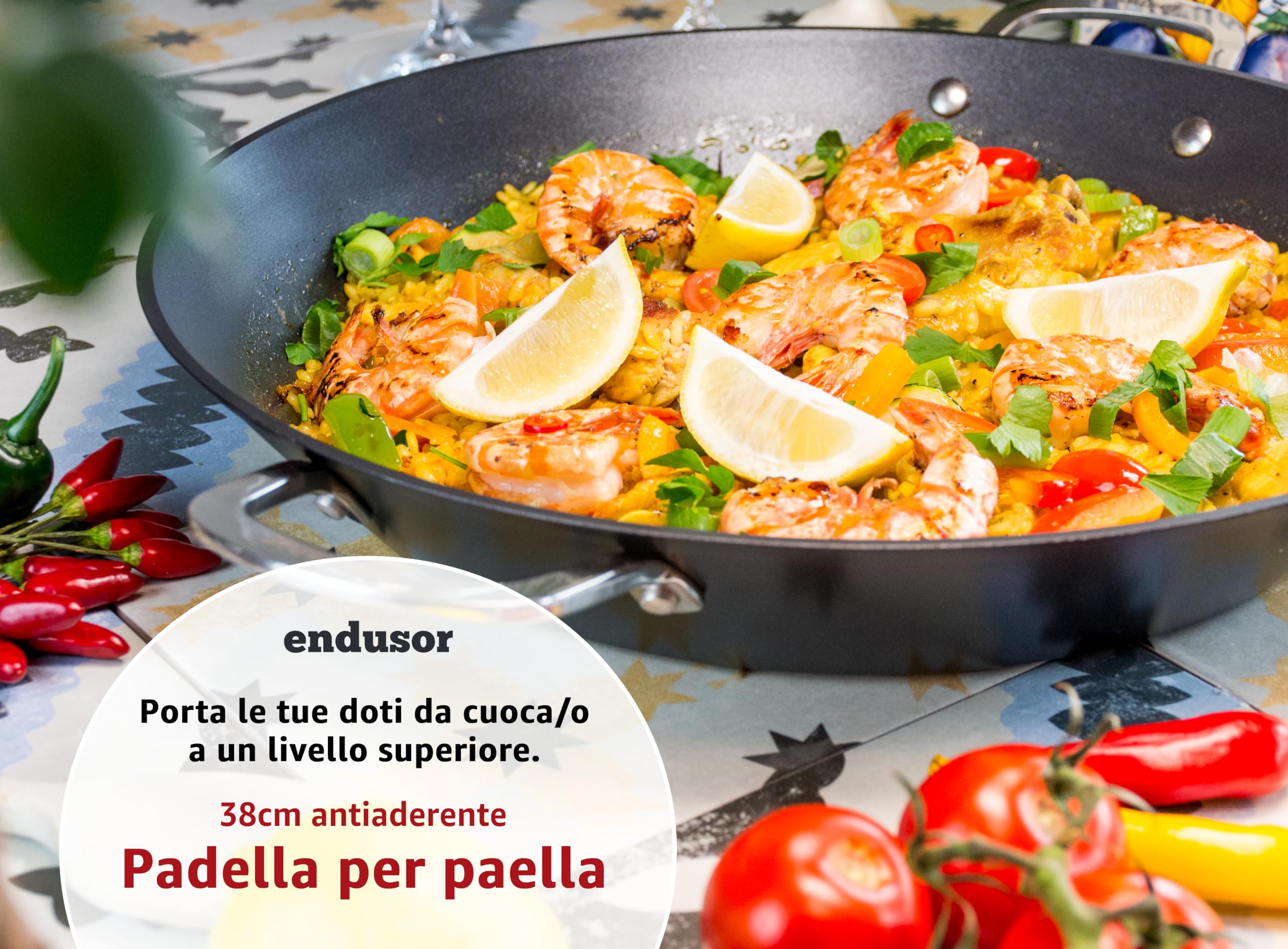 endusor Padella Paella 38 cm - Induzione Gas Ceramica Elettrico | Padella grande per 6-8 persone | Pentola antiaderente per una deliziosa paella fatta in casa | Padella professionale in alluminio