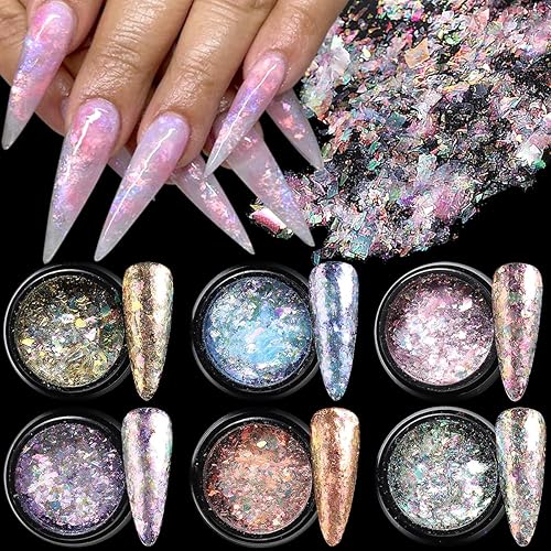 Juego de purpurina iridiscente para uñas, 6 copos de polvo cromado, efecto Aurora para uñas, escamas de ópalo de fuego de cristal rosa, azul,