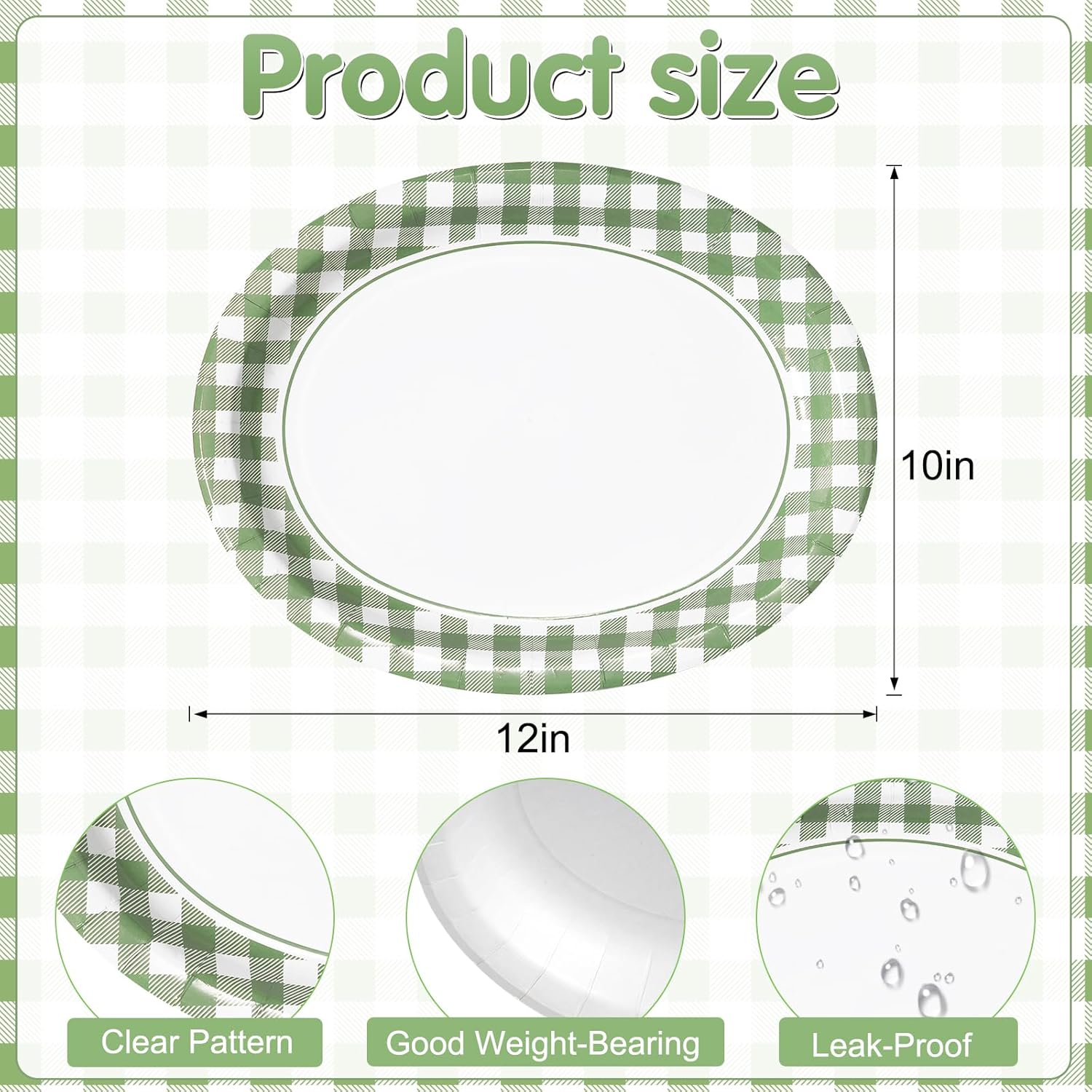 50 Pcs Sage Green Gingham Oval Paper Plates 10" x 12", Disposable Green and White Checkered Paper Plates Buffalo Plaid Dinner Tableware for Wedding Holiday Xmas Birthday Party Supplies