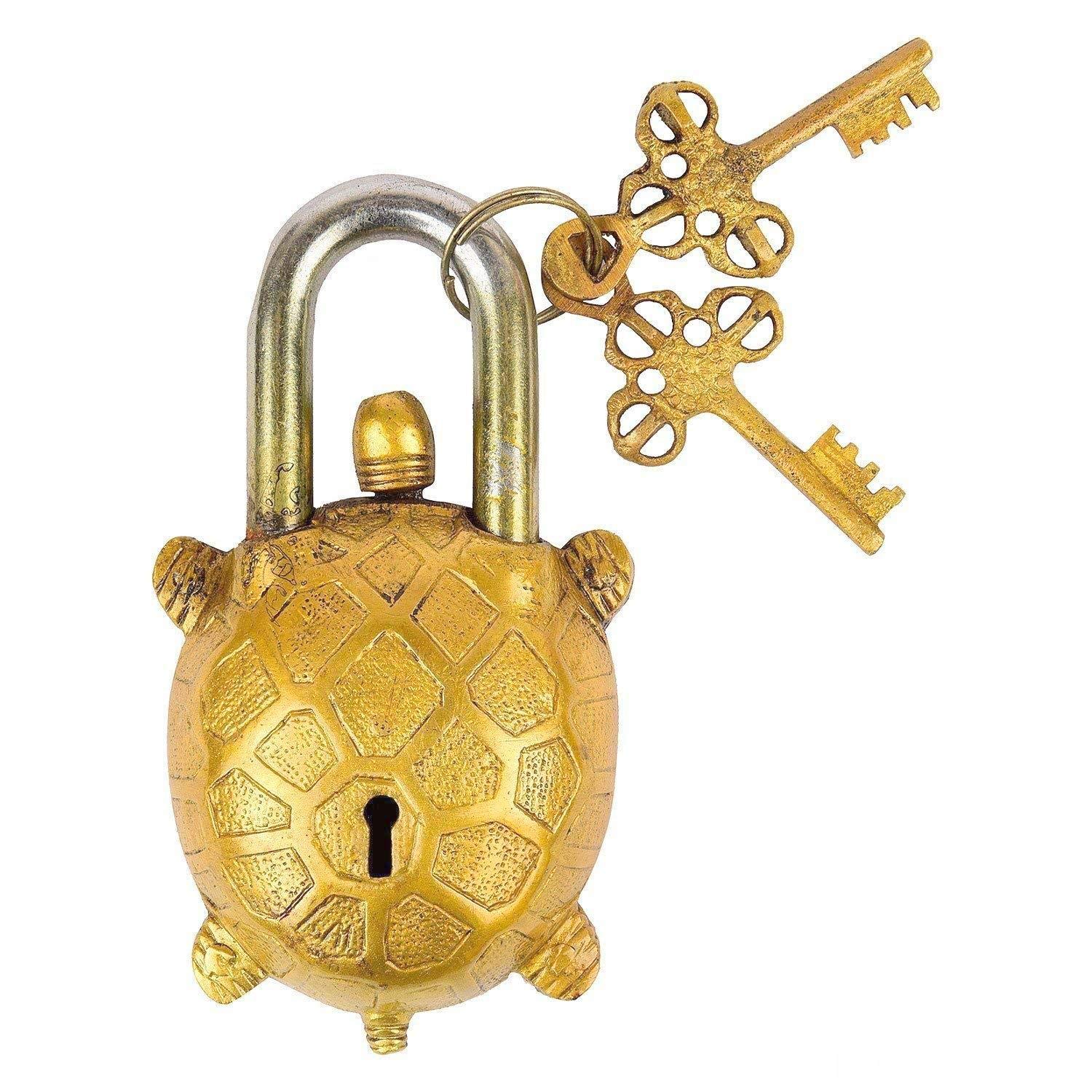 Global Art Handmade Old Vintage Style Vastu Tortoise Shape Antique Brass Security Lock with 2 Keys Unique decorative Prosperity Lucky Lock, Royal Gift Lock, Unique Lock, Solid Brass Tortoise Padlock, Religious Lock