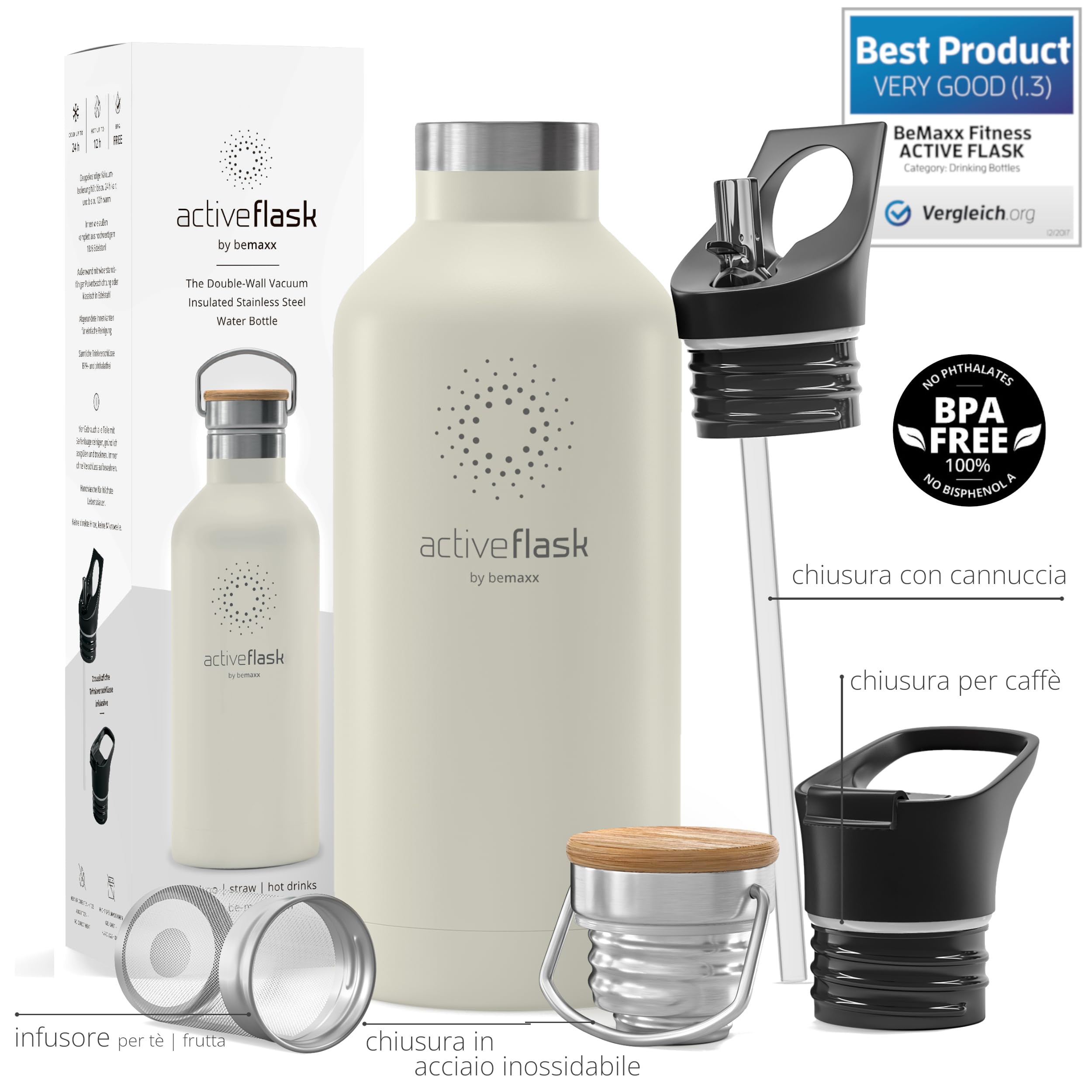 Bottiglia Acqua Termica INOX ACTIVE FLASK + Cannuccia (3 Tappi), Senza BPA - Thermos 1l/500ml | Borraccia Isotermica Acciaio - Caldo/Freddo, Ufficio Outdoor Sport Bicicletta viaggio fitness, Caffe Te