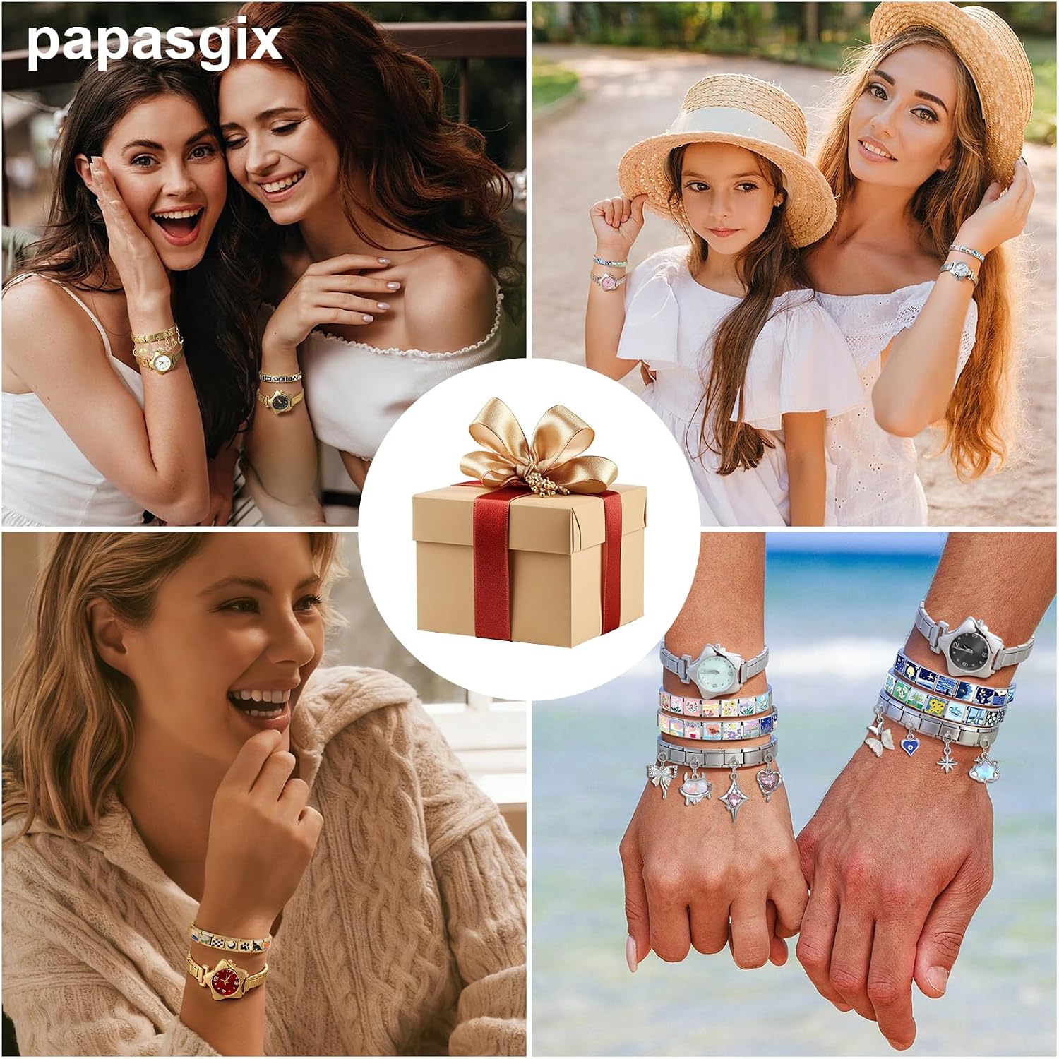papasgix Italian Charm Bracelet Gold Set with Starter Brascelet, Assorted Gold Charms and Opening Tools, 9mm Modular Italian Charm Bracelet Links Handmade DIY Jewelry