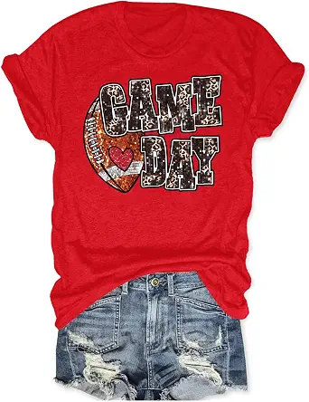 Game Day Shirts for Women Heart Football Graphic T-Shirt Gameday Outfits Casual Sport Mom Blouse Tops