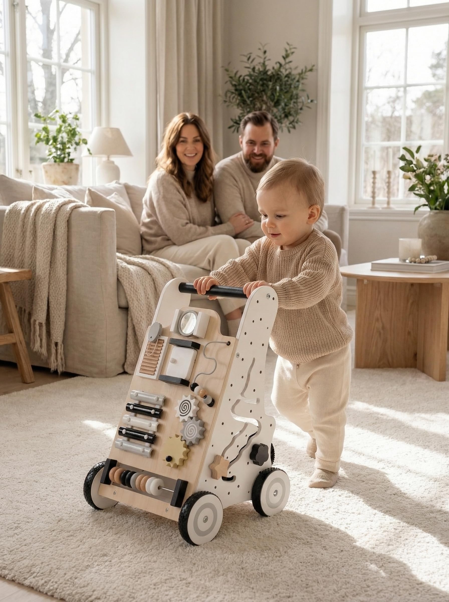 KiddyMoon Trotteur Avec Un Tableau D'activité, Bois Chariot De Marche Pour Bébé Multifonctionnel WK-001, Noir-Blanc