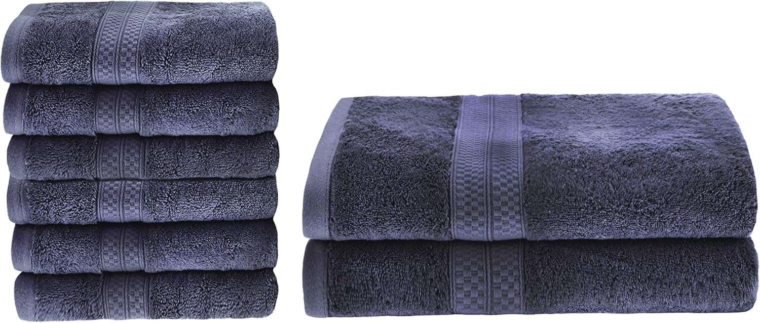 Superior Bath and Hand Towel Set, Rayon From Bamboo Cotton Blend, Ideal for Bathroom, Guest Bathroom, and Beach, Includes; 6 Pieces Hand Towels 16” x 30” and 2 Pieces Bath Towels 30” x 54”, Royal Blue