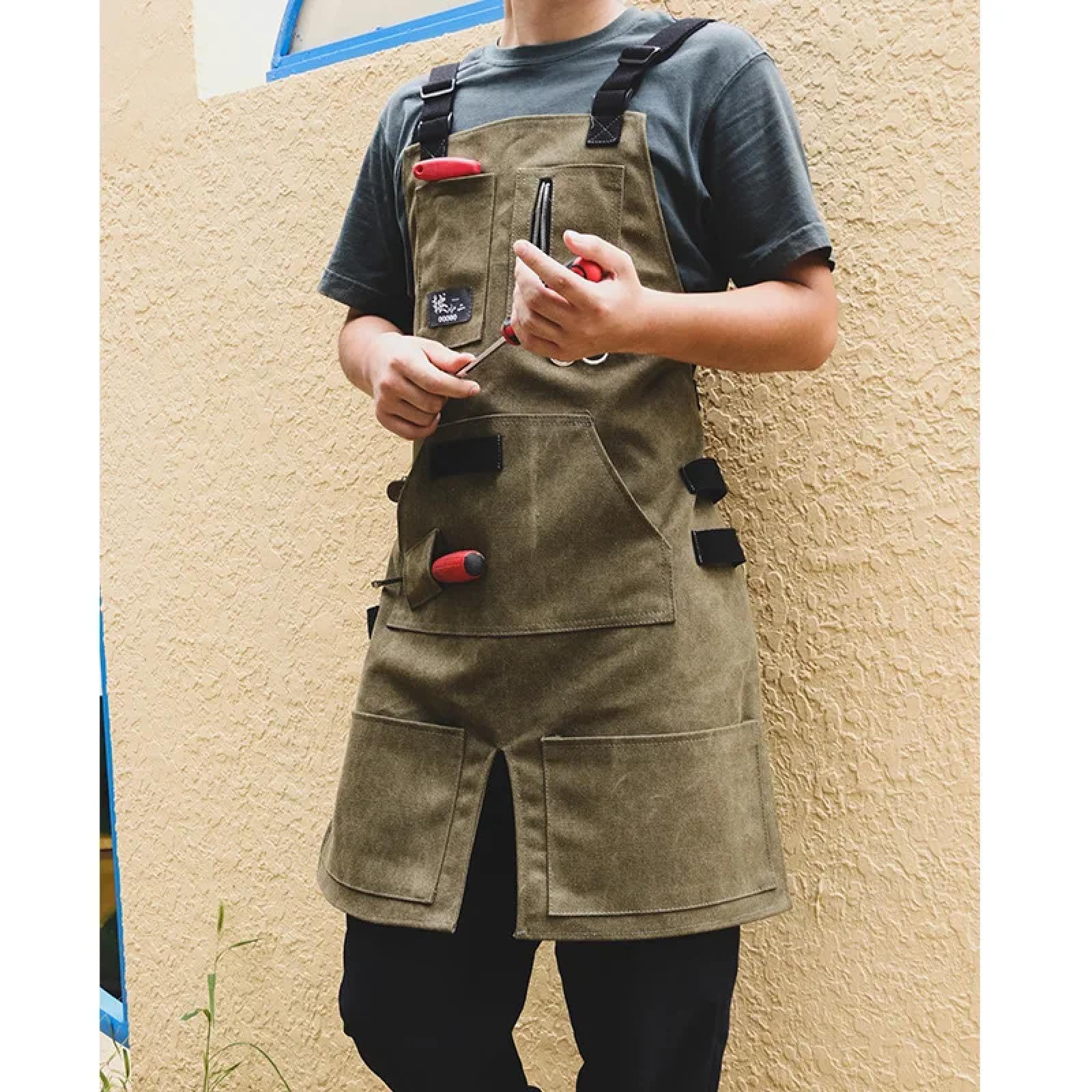Delantal Cocina Baberos Delantales para Hombres Y Mujeres Delantal De Trabajo De Lona Duradera con Bolsillos Correas Cruzadas Delantal De Herramientas Ajustable
