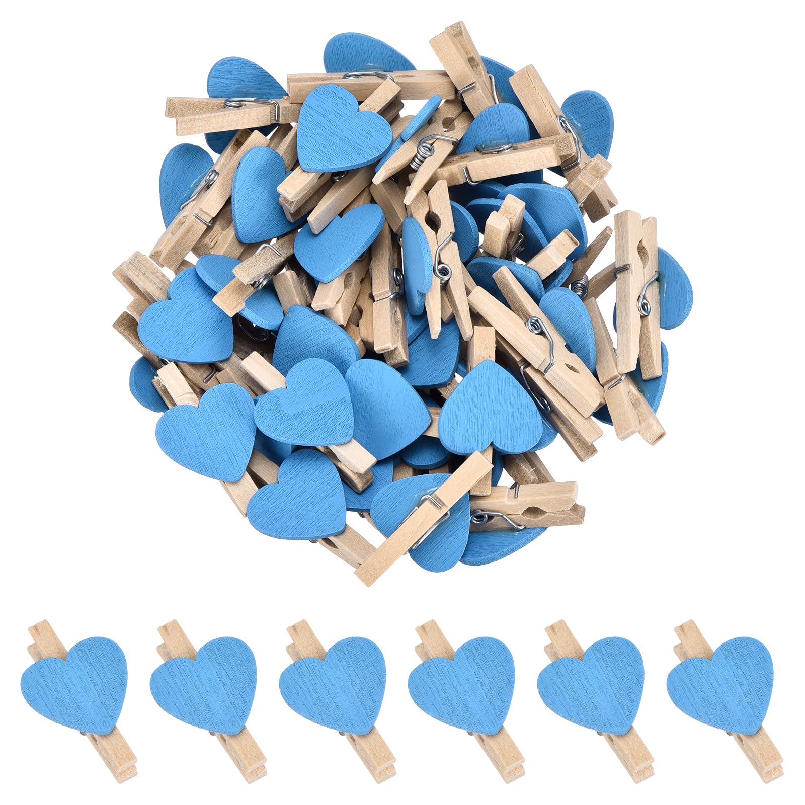 sourcing map 100Pcs Mini Heart Photo Clips, 3cm Wooden Clothespins for Pictures Small Clothes Pins for Hanging Memo Card DIY Crafts Paper Photo Postcard Wedding Display, Light Blue