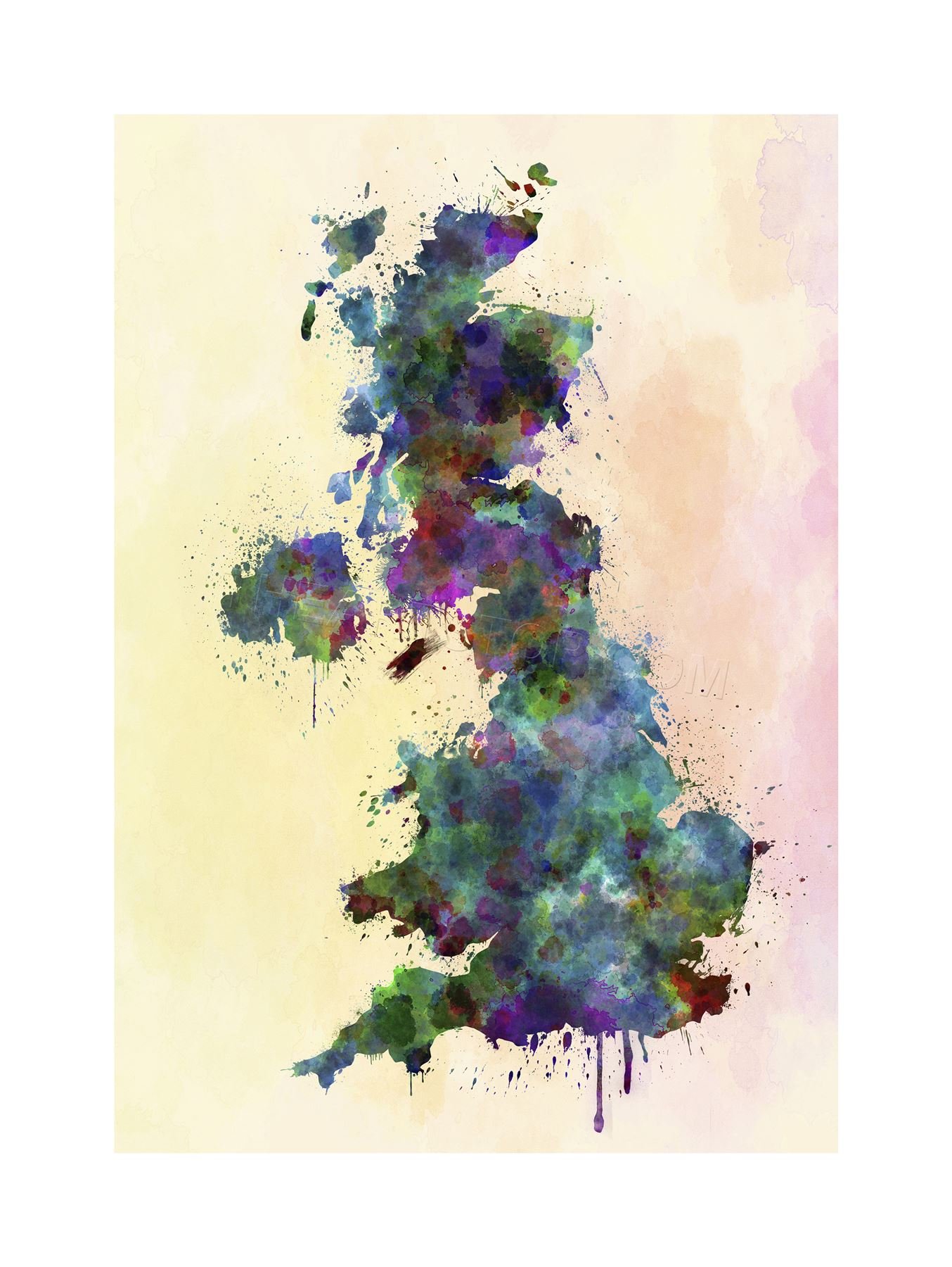 Wee Blue Coo Map United Kingdom Northern Ireland Paint Splash Colour Wall Art Print