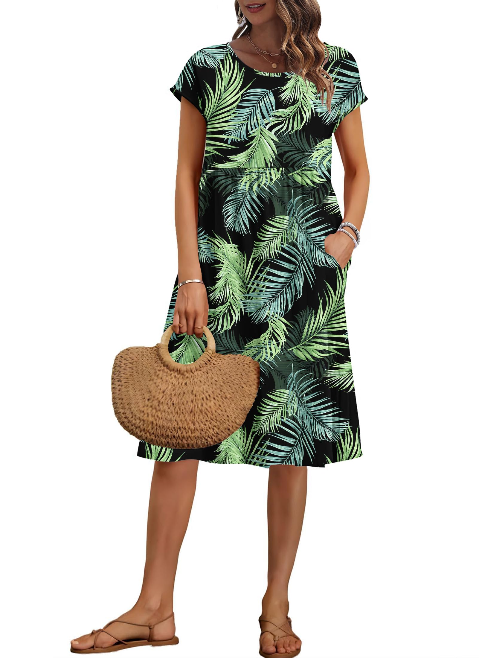 Auselily Women's Black Green Leaves Summer Short Sleeve Knee-Length Dresses Round Neck Loose Dress With Pockets Xl
