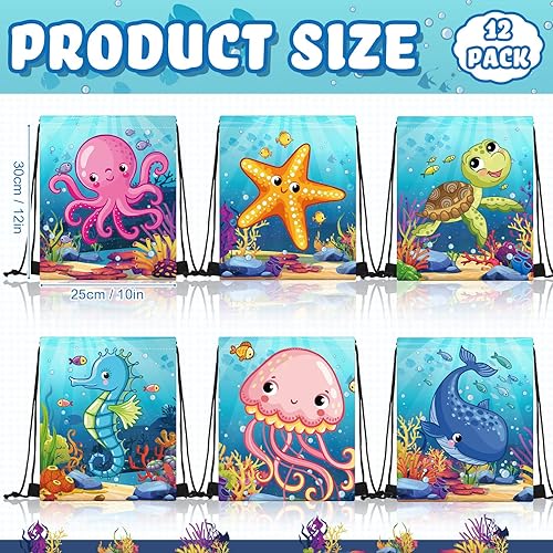 Miniatura 2 de Frienda 12 bolsas con cordón para fiestas oceánicas, mochila bajo el mar con criaturas para niños, suministros de fiesta de cumpleaños en el océano,