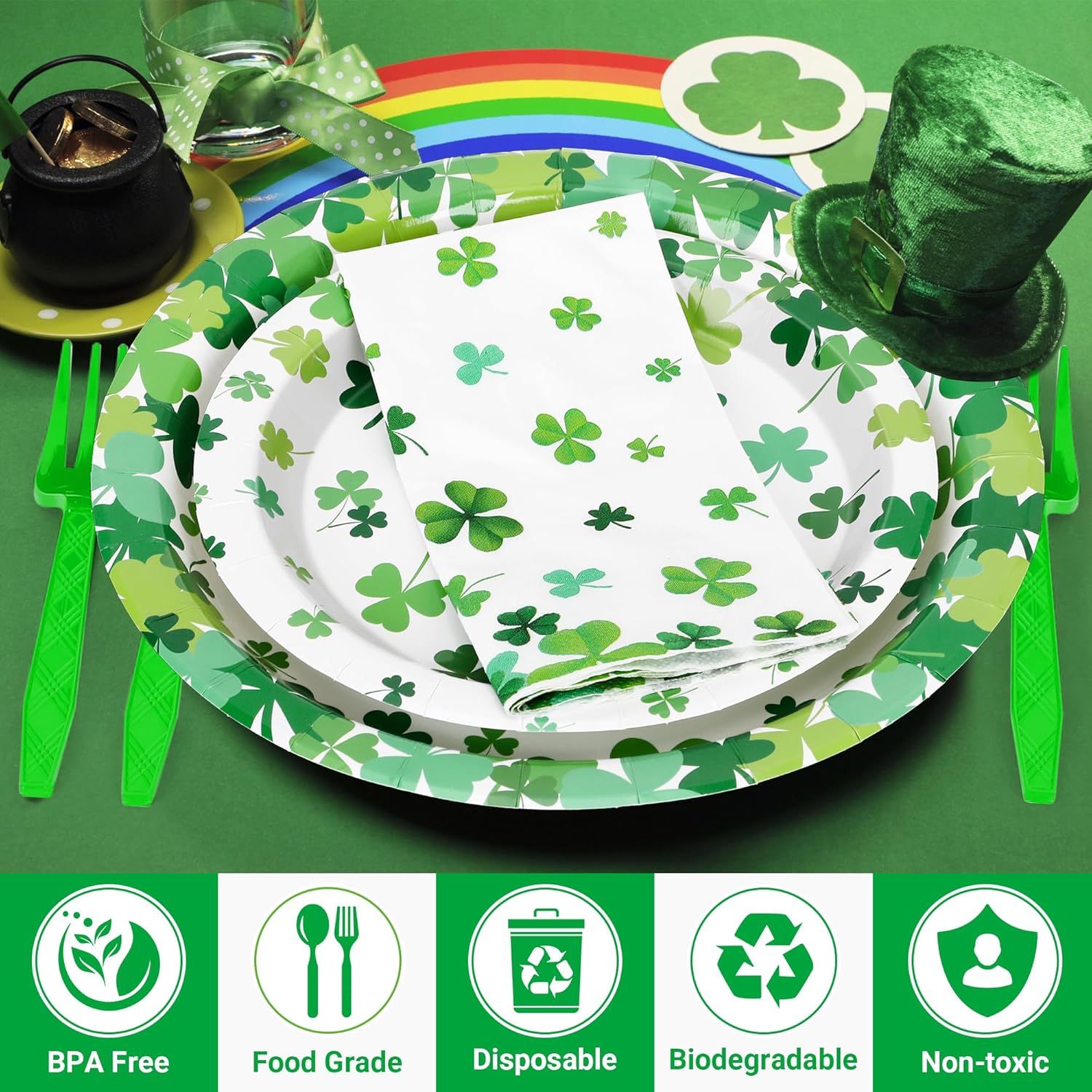 QZYL 120 PCS St Patricks Day Plates and Napkins, Disposable St Patricks Day Decor, 30 Sets Green Paper Plates Forks Dinner Plates Dessert Plates Shamrock Napkins, St Pattys Day Decorations