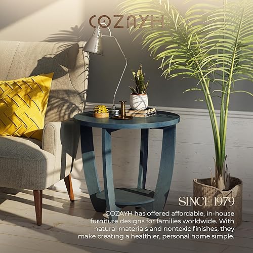 Miniatura 6 de COZAYH Mesa auxiliar rústica de granja con estante de almacenamiento, mesa lateral redonda moderna de estilo campestre francés para espacios