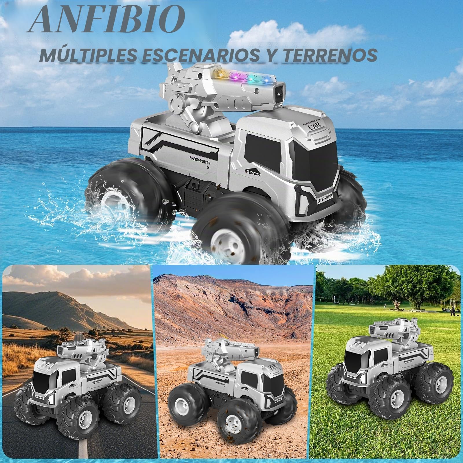 Coche Teledirigido Anfibio con Cañones de Agua, 2.4 GHz RC Coche Teledirigido 360° Rotación y Luces LED, Batería Doble Todoterreno Teledirigido 4x4 Regalo Niños 6 7 8 9 10 11 12 Años