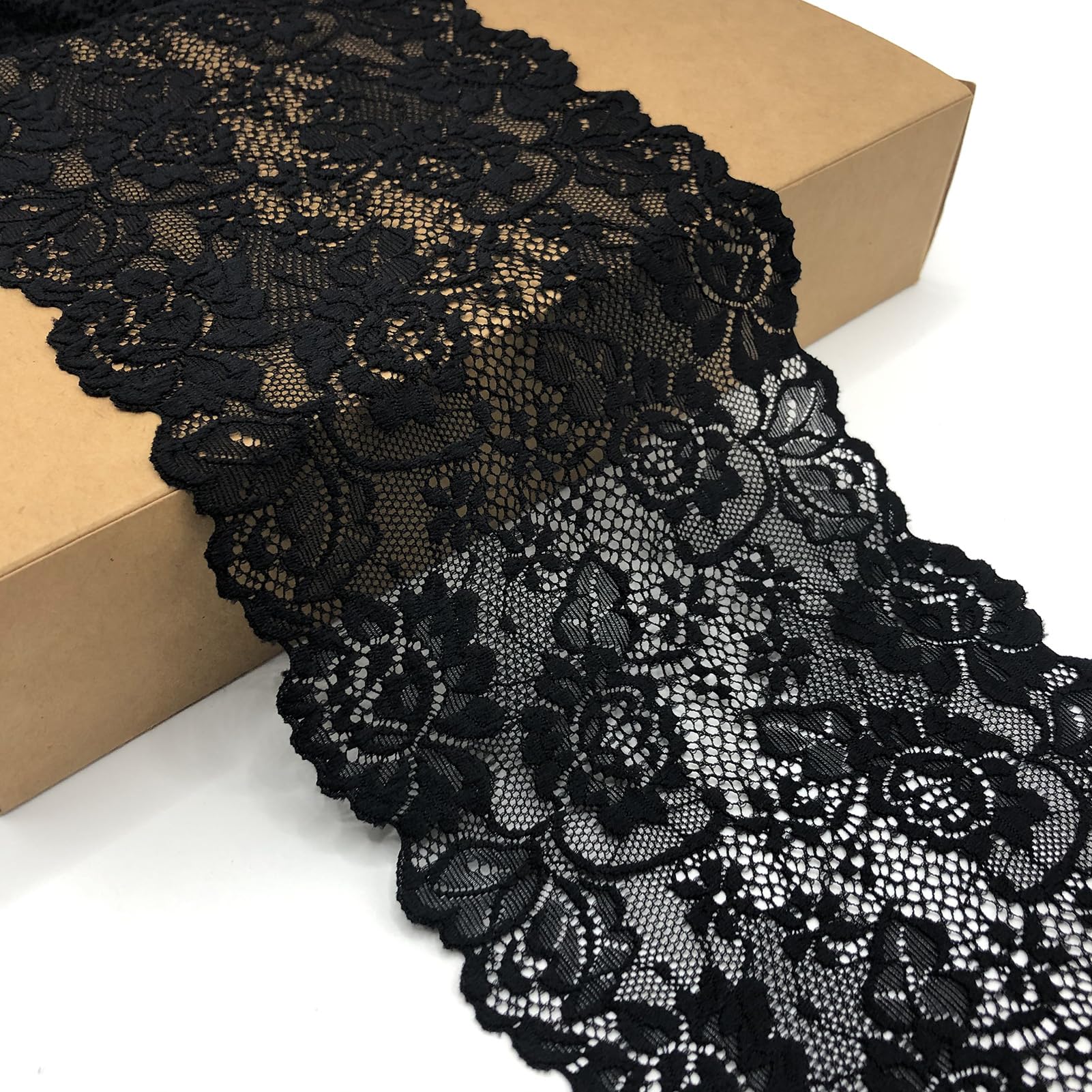 LUMKET Stretch Lace Ribbon - 1.2" Wide X 10 Yards, Floral Pattern, Black Elastic Trim For Sewing & Crafts - View #13