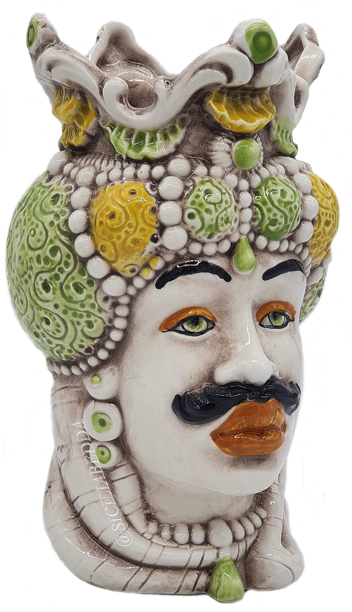 sicilia bedda - Teste di Moro Siciliane in Ceramica di Caltagirone - Realizzato Interamente a Mano - Altezza 18 Centimetri (Testa di Moro Uomo Verde)