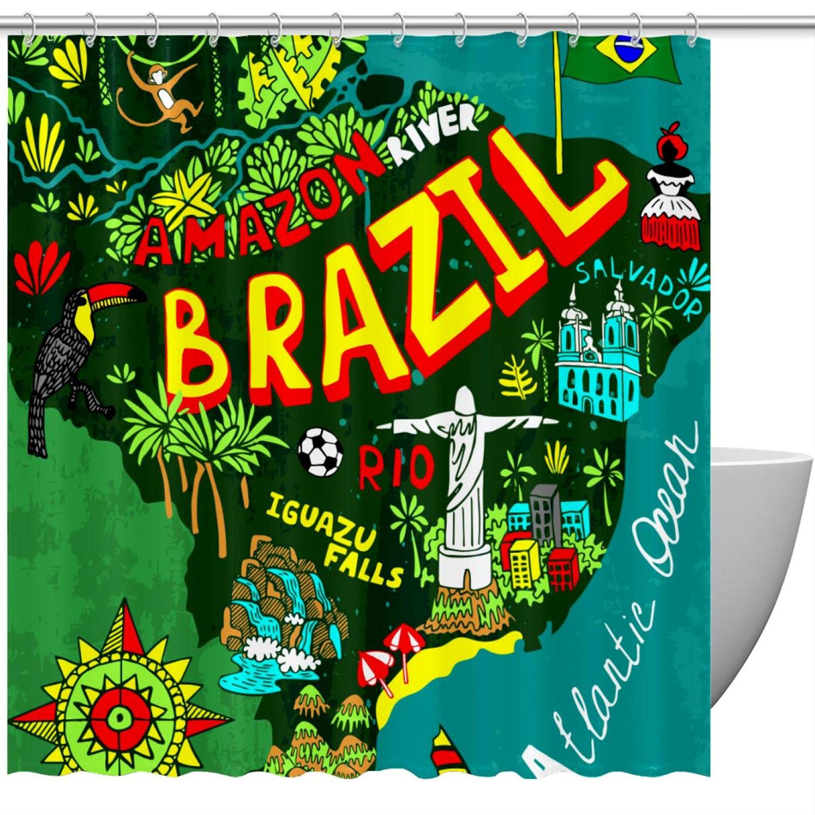 Rideau de douche motif carte du Brésil en tissu imprimé haute définition