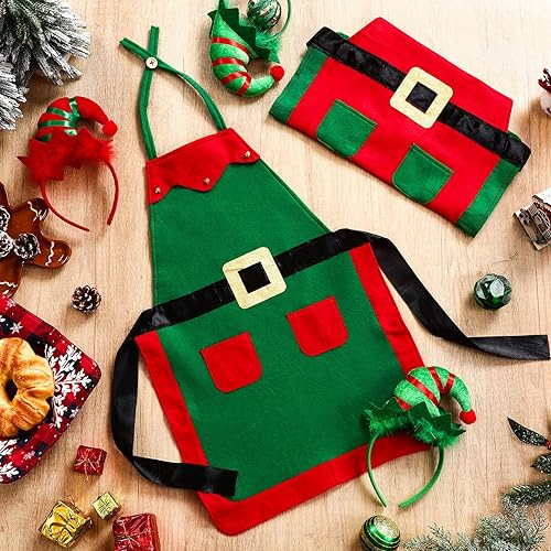 Miniatura 5 de Toulite Juego de 24 piezas de delantal de elfo de Navidad y diadema para niños, delantales de elfo con gorro para niños, suministros de cosplay