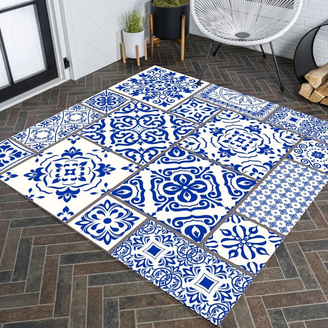 Amazon.com: Classical Floral Area Rugs 2x2 Navy Blue Patchwork Square ...
