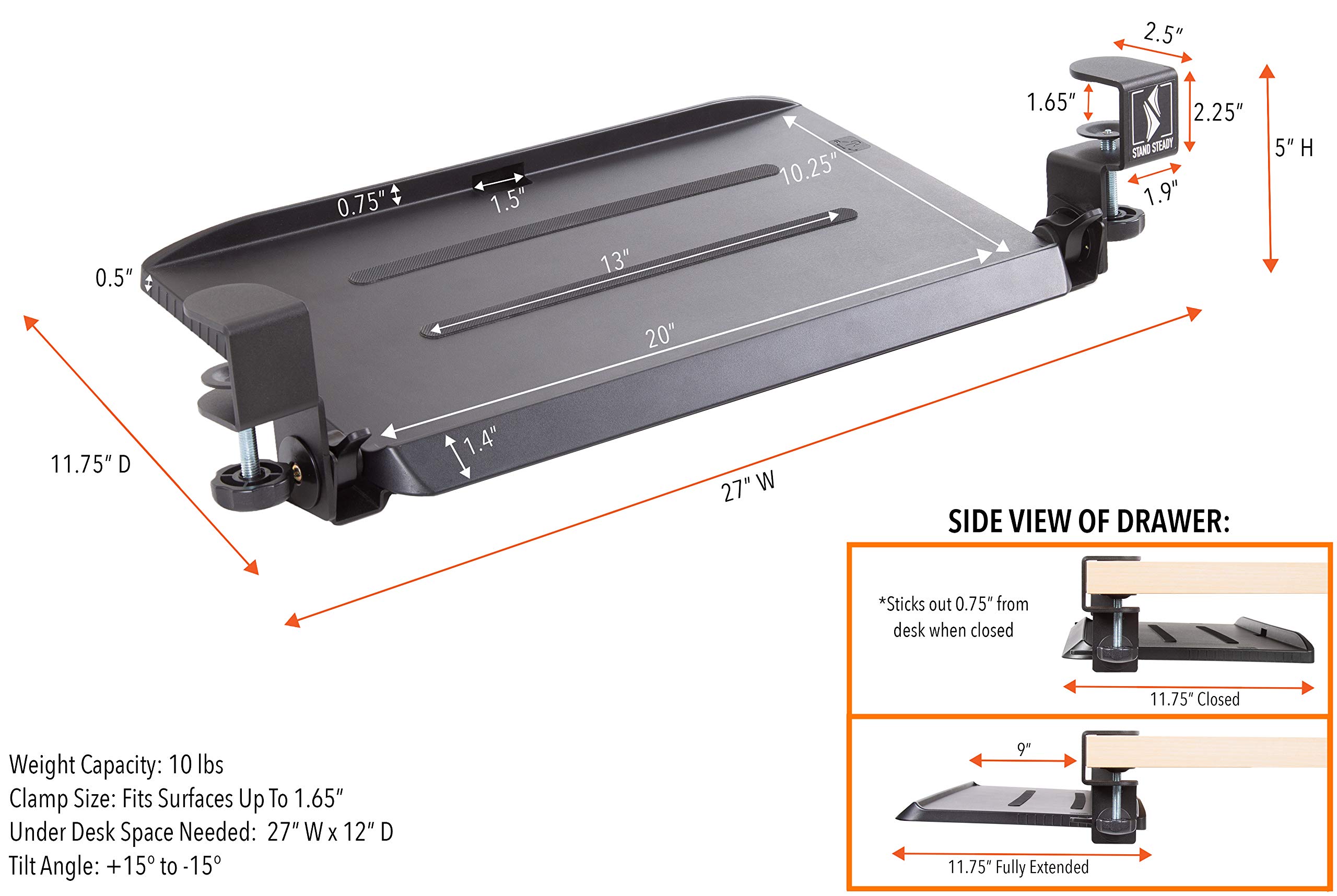 Stand Steady ClampOn Keyboard Tray with Adjustable Tilt Ergonomic
