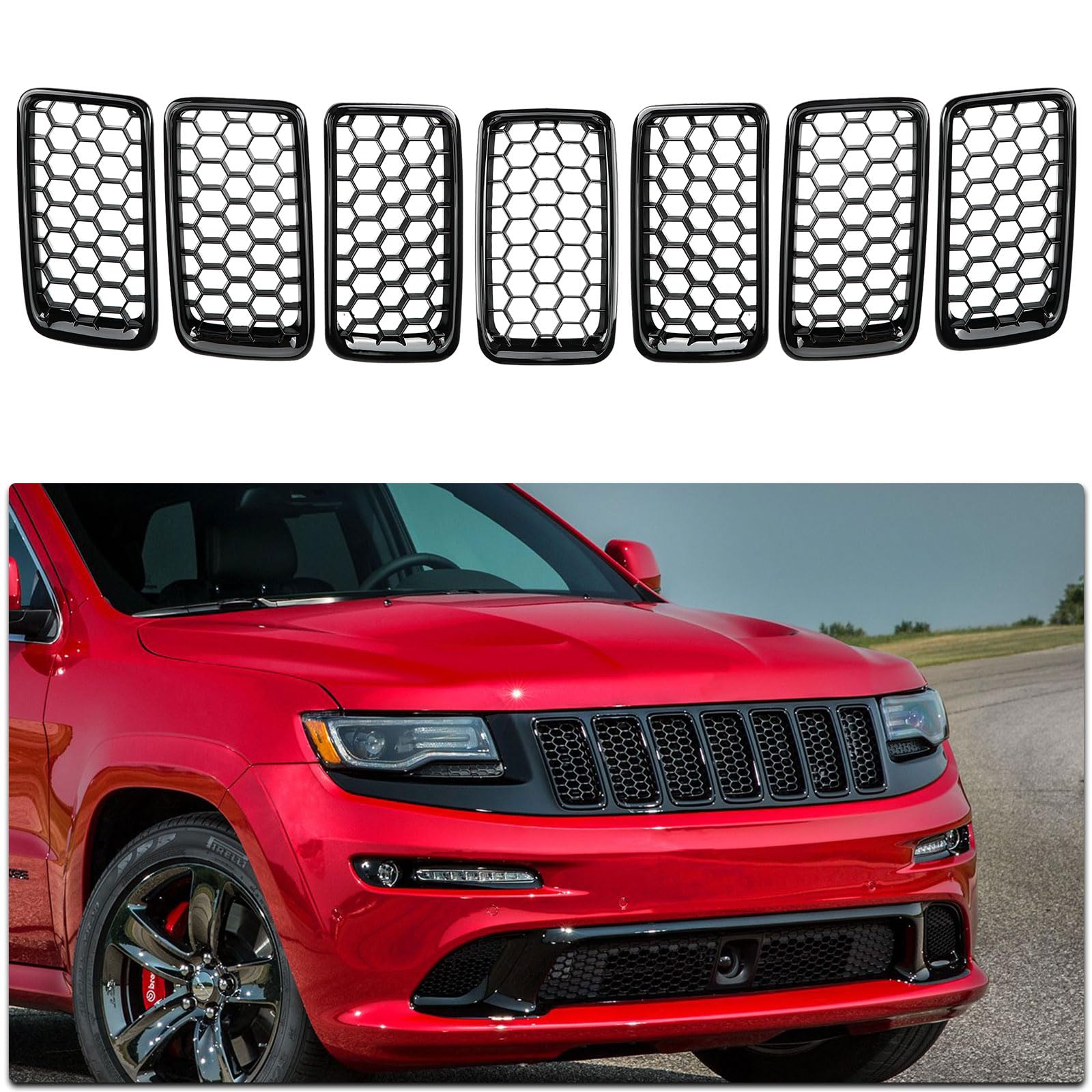 sportuli 7PCS Glossy Black Honeycomb Mesh Front Grill Inserts kits Replace for 2014-2016 Jeep Grand Cherokee WK Laredo/Altitude/Limited/Overland/Summit