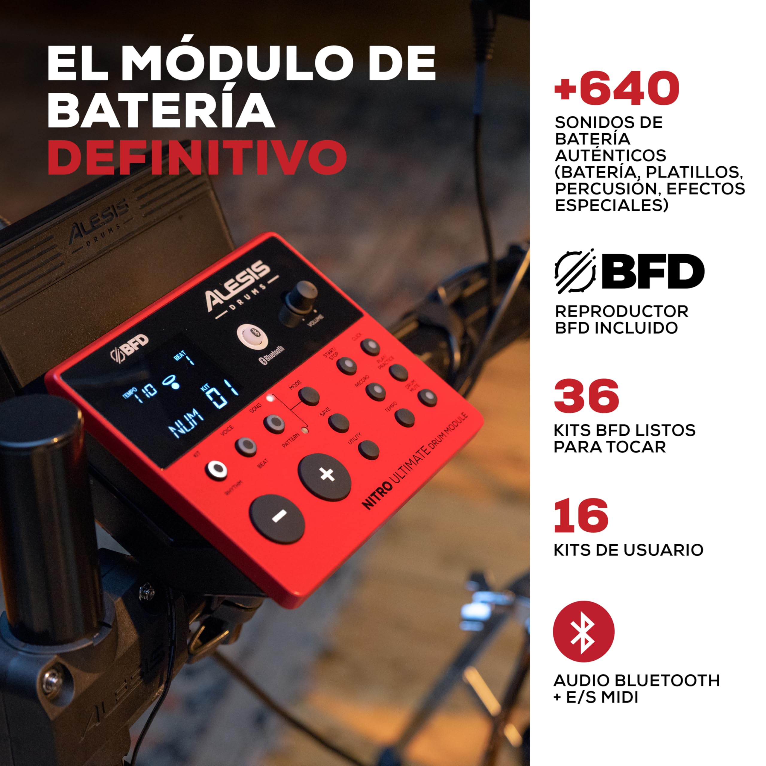 Alesis Nitro Ultimate Batería Electrónica con Pads de Malla de Doble Zona, Hi-Hat Independiente, 640 Sonidos BFD Auténticos y 52 kits, Bluetooth, Drumeo, USB MIDI, Compatible con Doble Bombo | 52 kits, 640 sonidos Plus, audio Bluetooth, Hi-Hat montado en