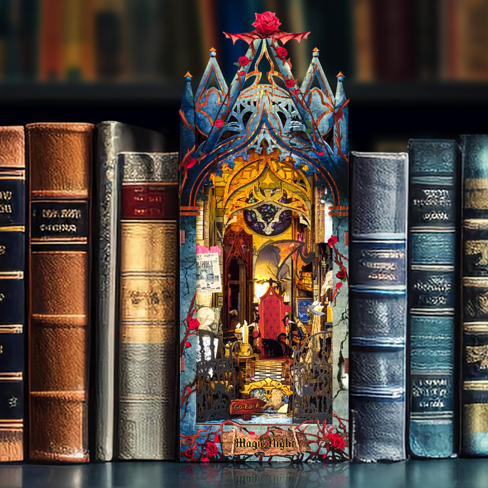RONSTONE Book Nook Kit - Casa Delle Bambole in Miniatura con Luce LED - Castello al Chiaro di Luna Puzzle 3D in Legno Fermalibri Inserto per Libreria