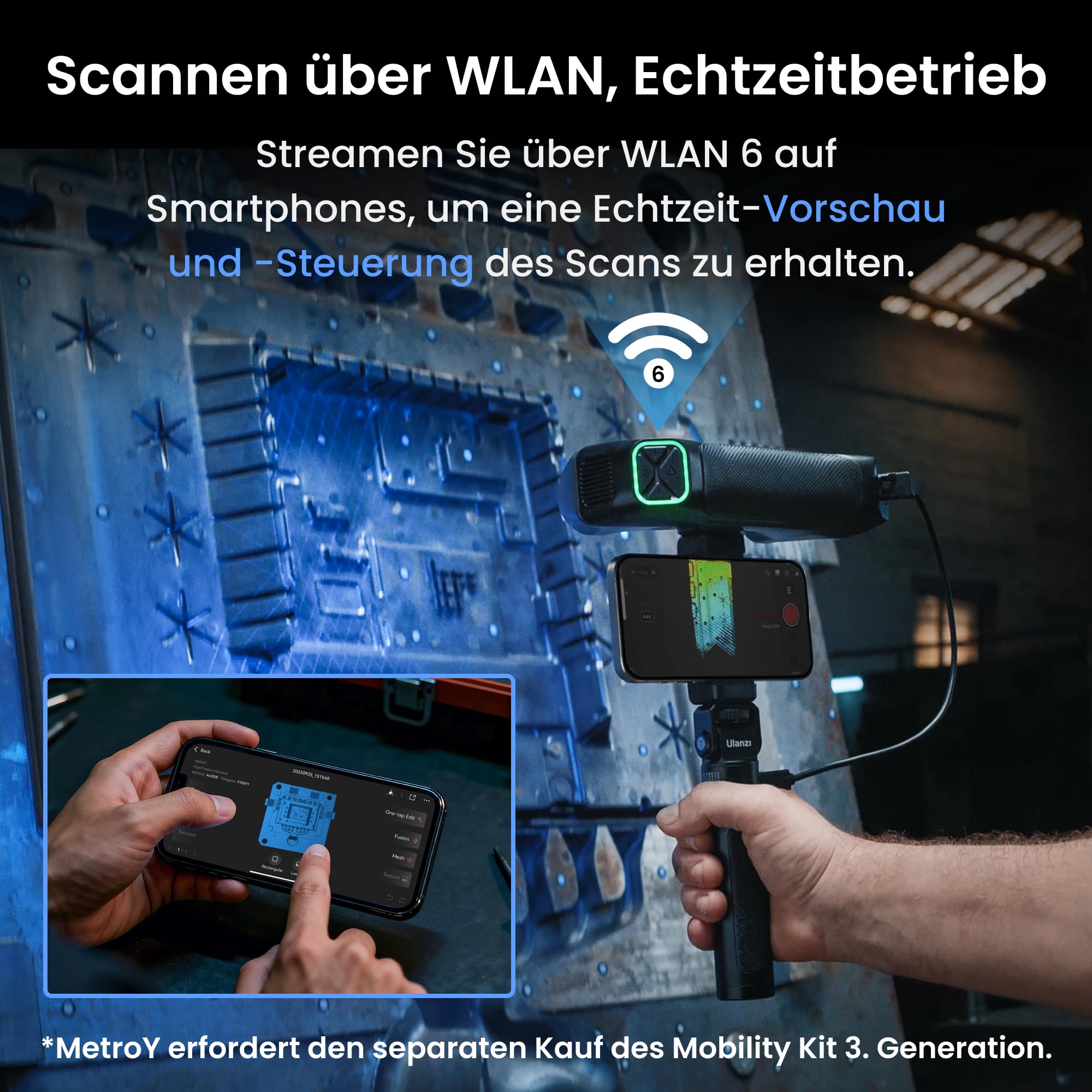 Revopoint MetroY 3D-Scanner für 3D-Drucker, bis zu 0,01 mm Präzision | 30+15+1 industrieller Blaulaser-Handscanner, Streaming-Bildschirmfreigabe, für industrielle 3D-Modellierung und Messung