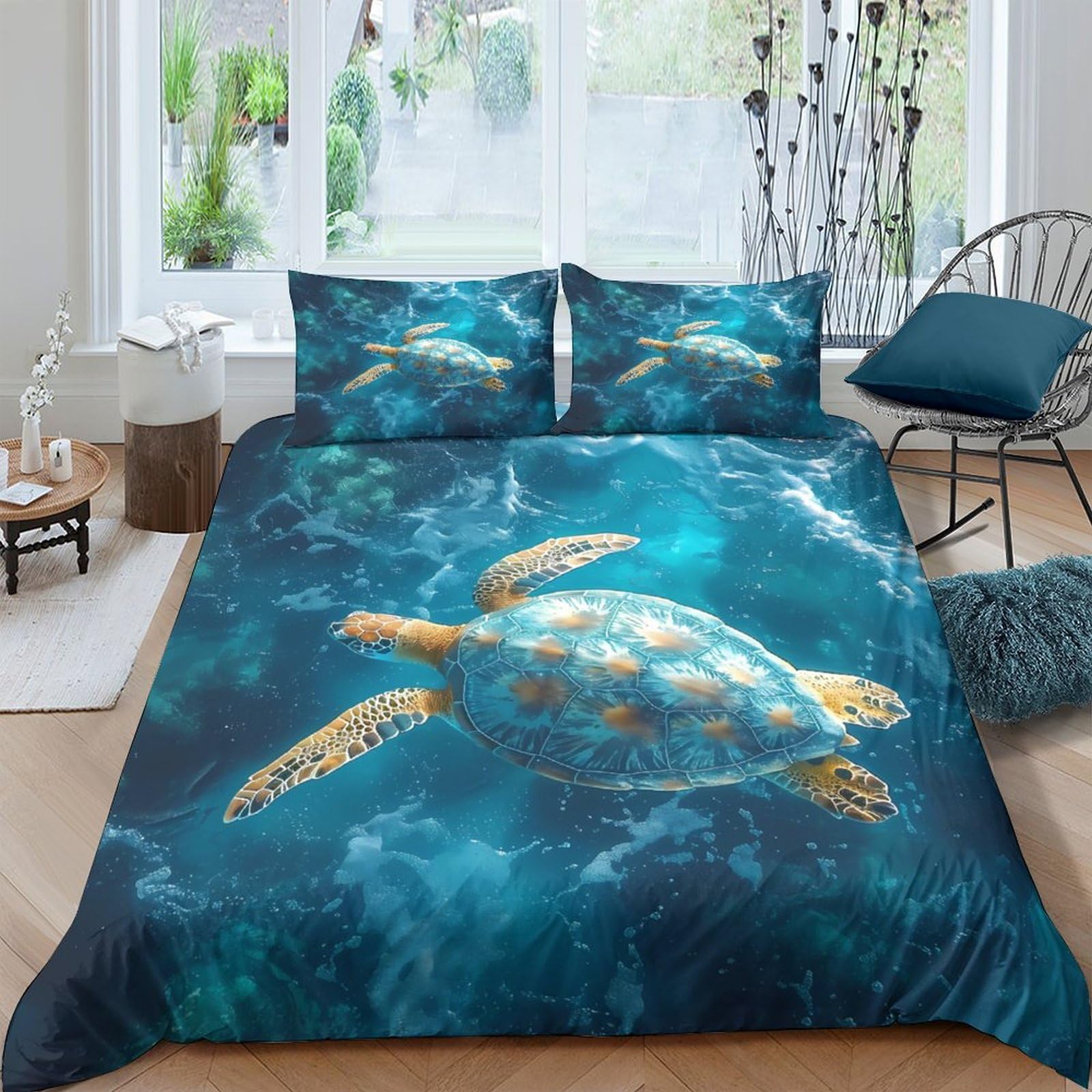 Ctjqhvkz Style-1 3D Printed Ocean Turtle Fitted Sheet Microfiber Soft Decor Blue Sea Mattress Cover For Bedroom Guest Room Single（135X200cm）
