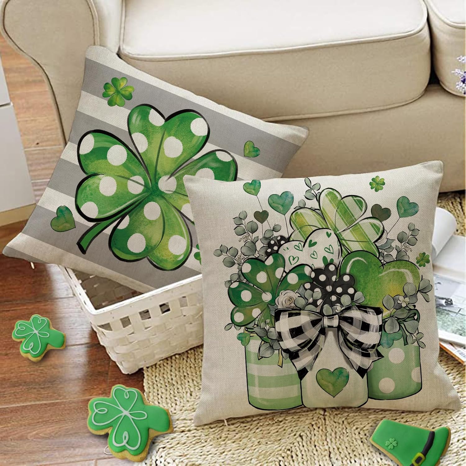 St Patricks Day Decorative Throw Pillow Covers 18 x 18 Set of 4, Lucky Shamrock Clover Truck Mason Jar Porch Outdoor Home Decor, Buffalo Plaid Stripes Heart Irish Spring Sofa Couch Cushion Case - Image 6